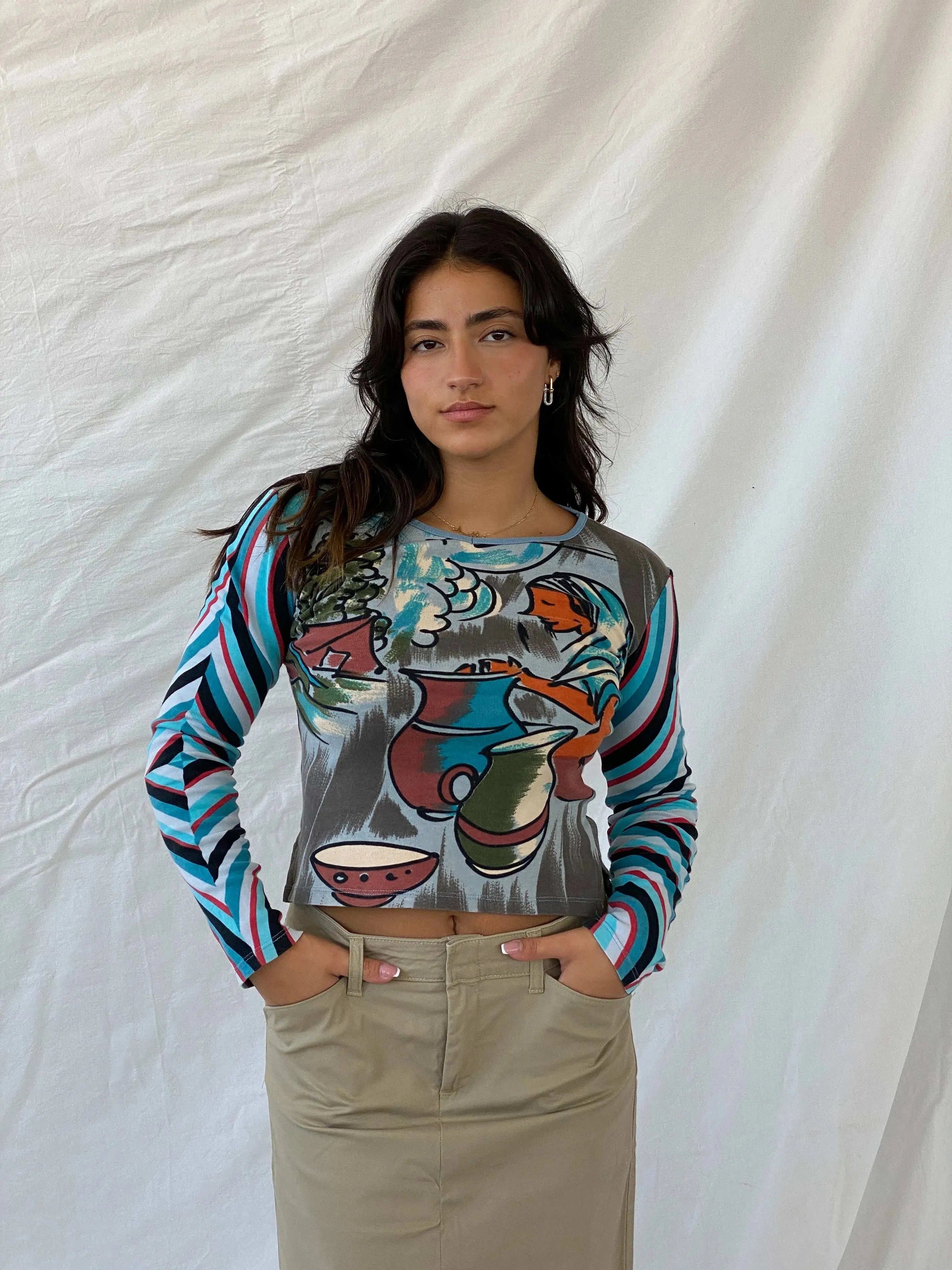 Vintage Custo Barcelona Graphic Blue Long Sleeve Cotton Top - M - Balagan Vintage Full Sleeve Top 90s, full sleeve top, graphic, graphic top, groovy, groovy print, Lana, women top
