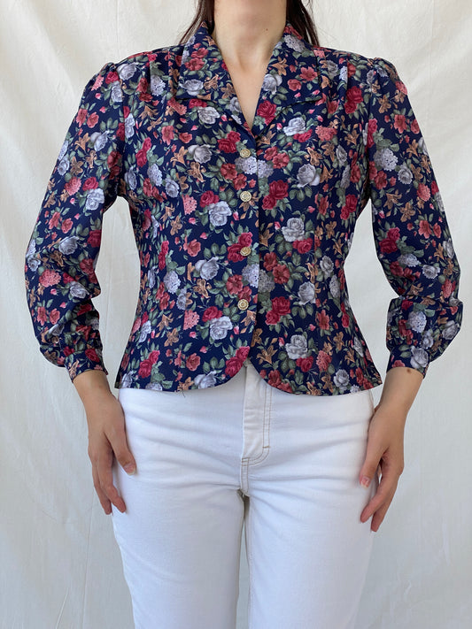 Vintage DEBENHAMS Navy Red Floral Silver Buttoned Women’s Long Sleeve Shirt - L - Balagan Vintage Full sleeve Shirt 00s, Ayah, floral, floral shirt, full sleeve shirt, NEW IN, shirt, women shirt
