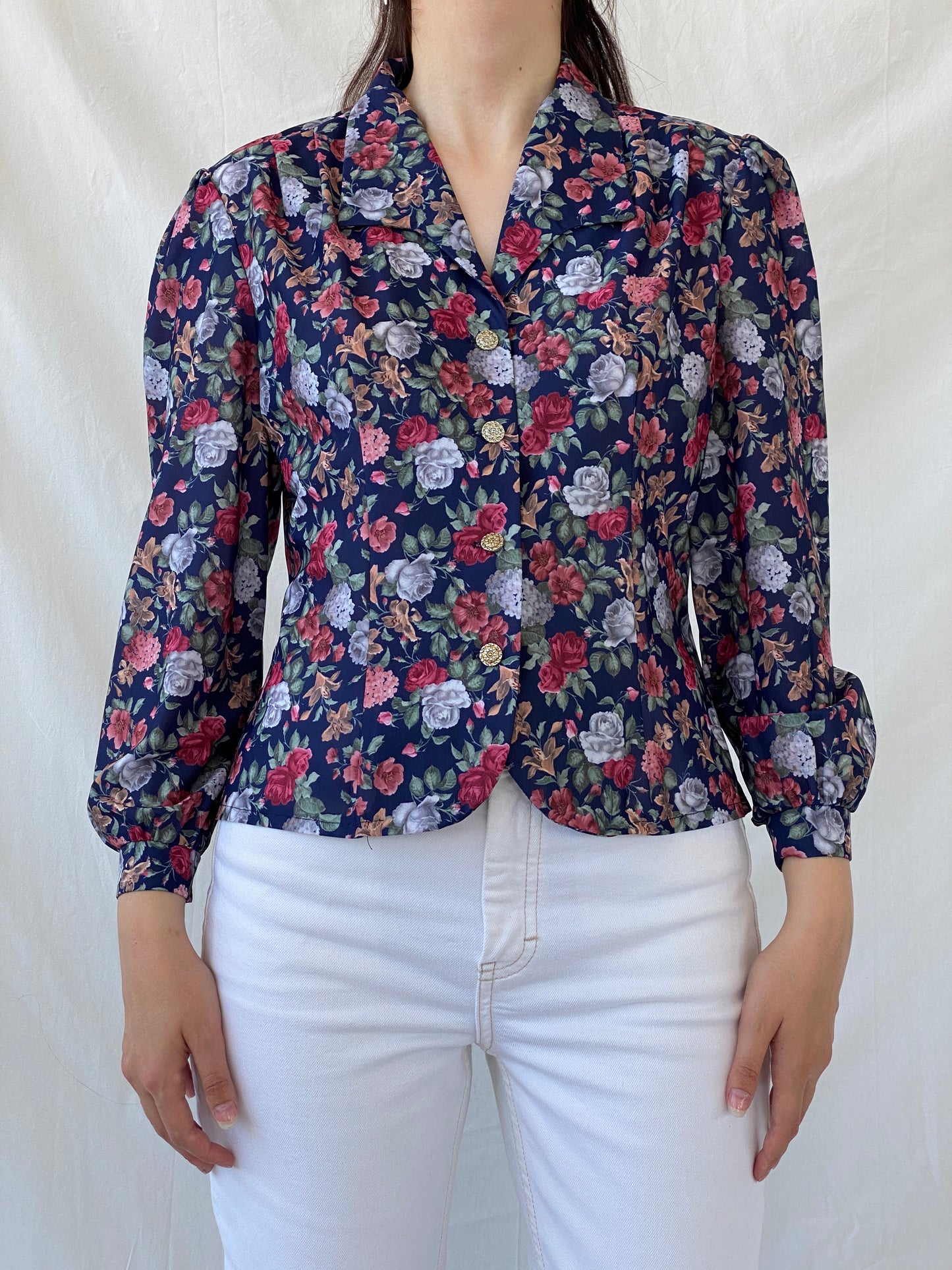 Vintage DEBENHAMS Navy Red Floral Silver Buttoned Women’s Long Sleeve Shirt - L - Balagan Vintage Full sleeve Shirt 00s, Ayah, floral, floral shirt, full sleeve shirt, NEW IN, shirt, women shirt