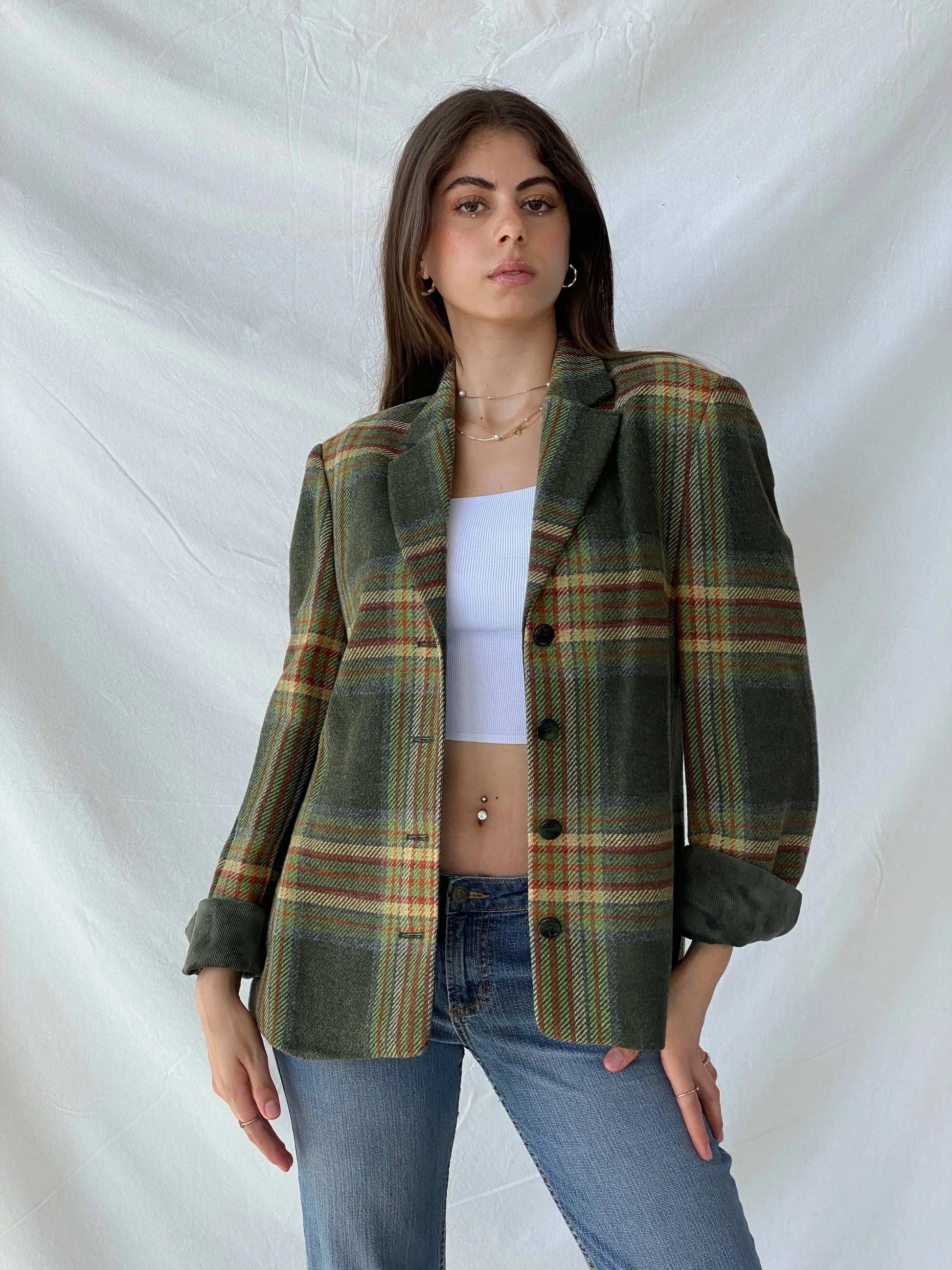 Vintage Delmod Plaid Wool Green Blazer - L - Balagan Vintage Blazer 90s, blazer, full sleeve blazer, Mira, winter