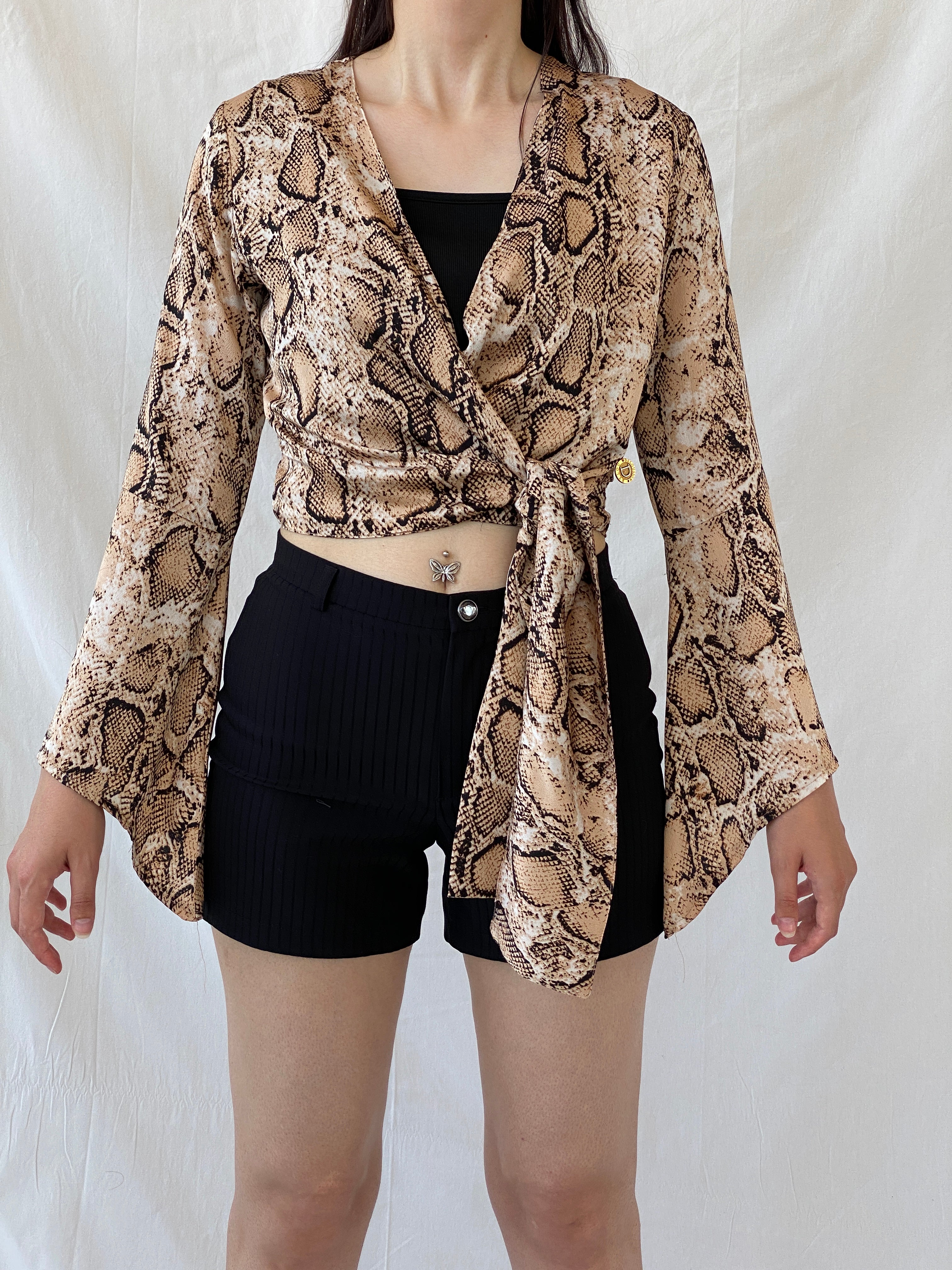Vintage Delousion by Lou Snake Print Brown Beige Bell Sleeve Wrap Crop Top - S - Balagan Vintage Wrap Top 00s, Ayah, NEW IN, summer, women top, wrap top