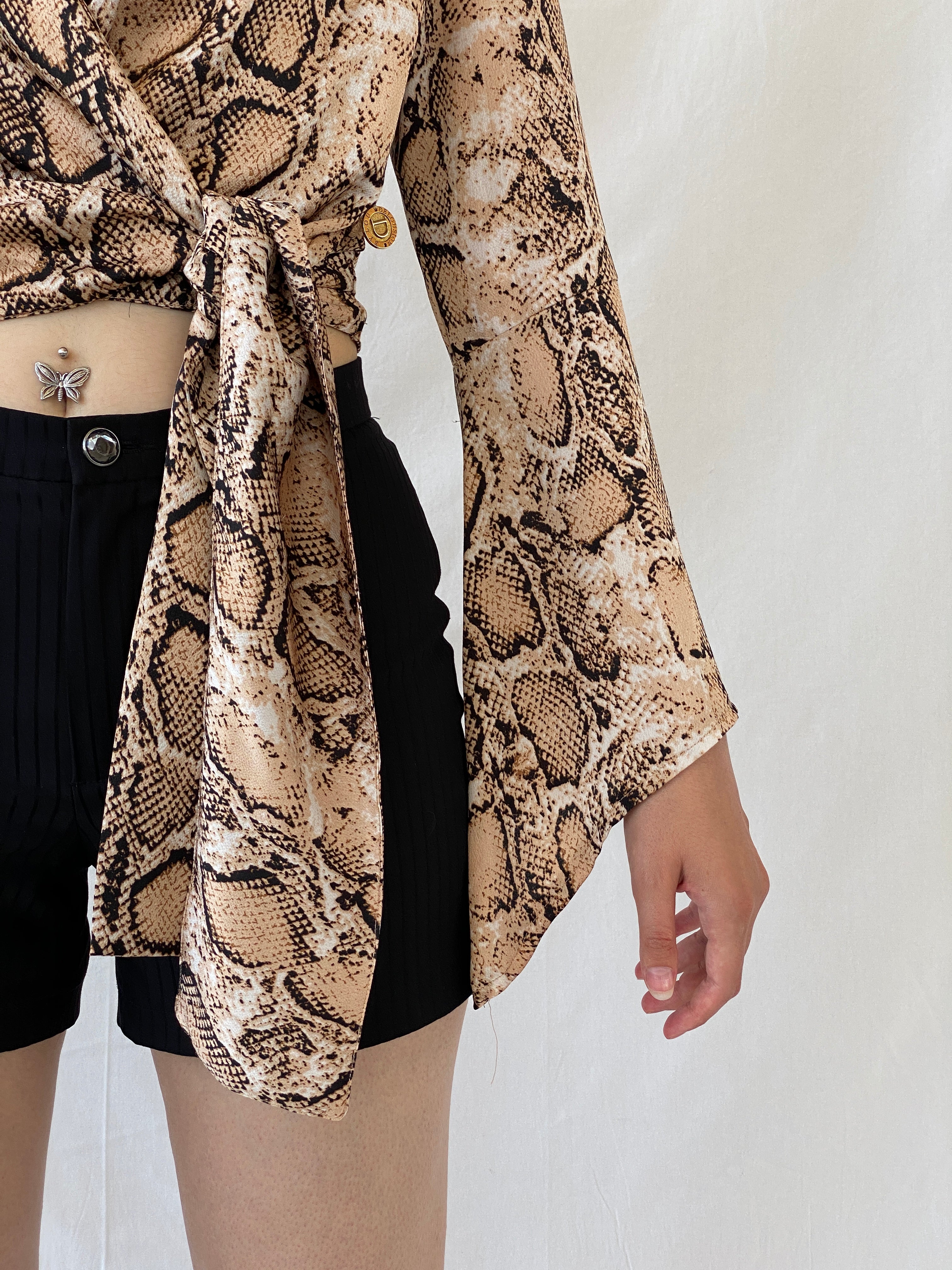Vintage Delousion by Lou Snake Print Brown Beige Bell Sleeve Wrap Crop Top - S - Balagan Vintage Wrap Top 00s, Ayah, NEW IN, summer, women top, wrap top