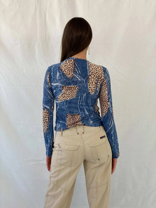 Vintage Denim and Animal Print Long Sleeve Top - S - Balagan Vintage Full Sleeve Top 90s, animal print, denim top, leopard print, Mira, women top