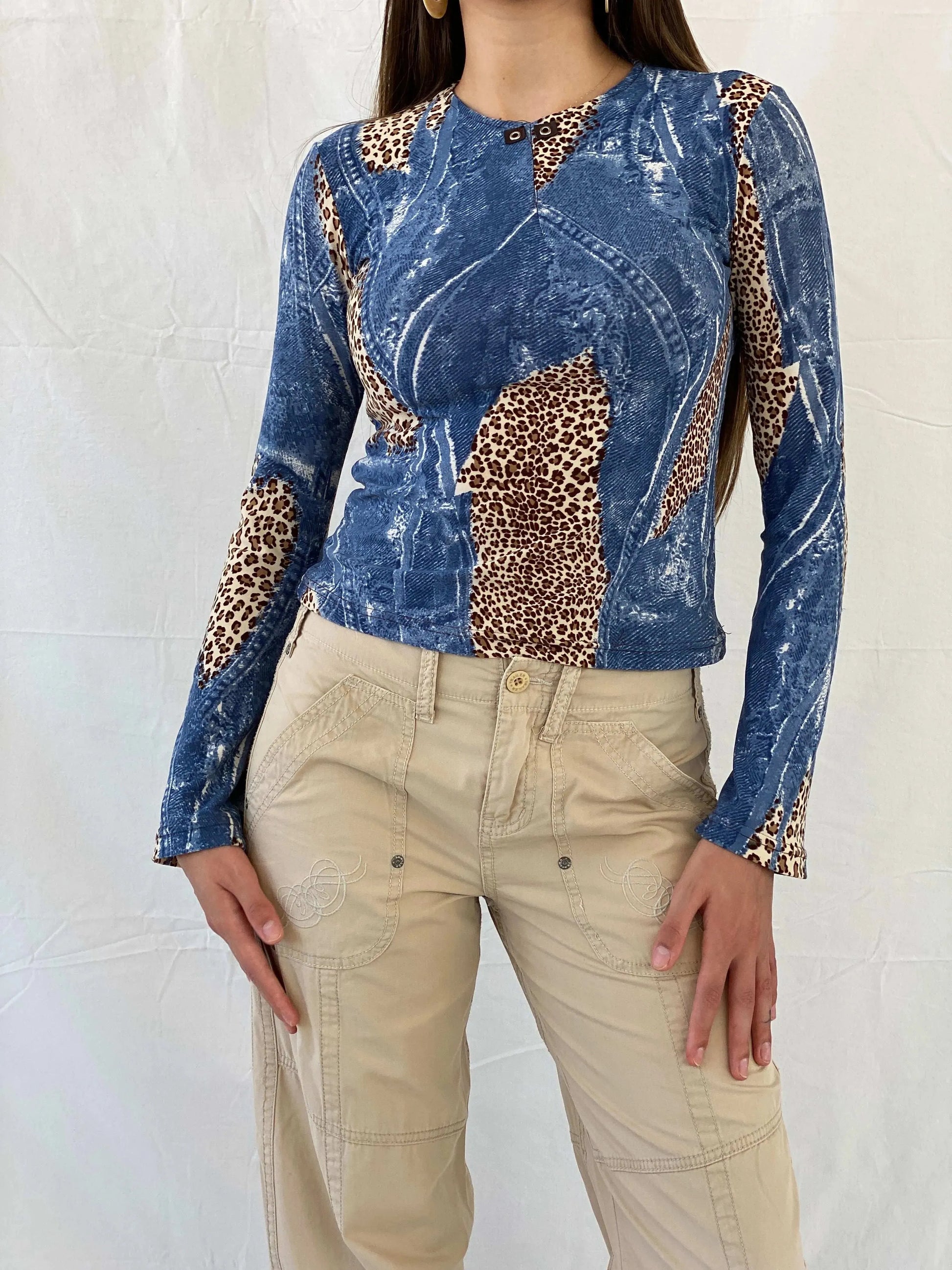 Vintage Denim and Animal Print Long Sleeve Top - S - Balagan Vintage Full Sleeve Top 90s, animal print, denim top, leopard print, Mira, women top