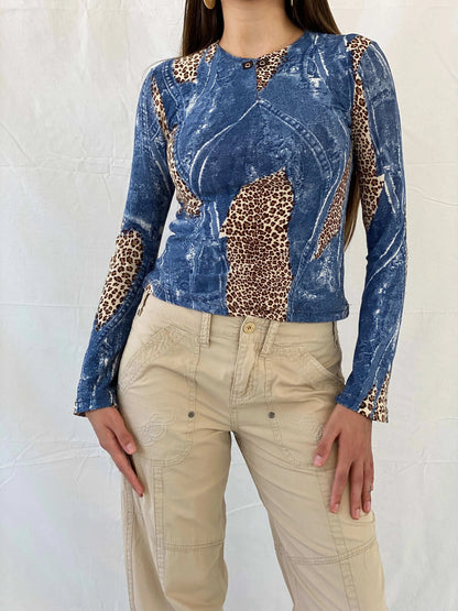 Vintage Denim and Animal Print Long Sleeve Top - S - Balagan Vintage Full Sleeve Top 90s, animal print, denim top, leopard print, Mira, women top
