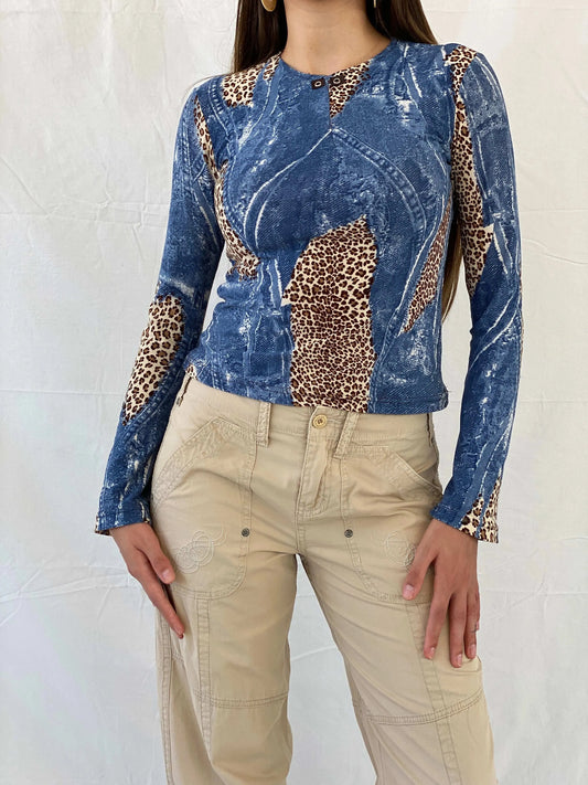 Vintage Denim and Animal Print Long Sleeve Top - S - Balagan Vintage Full Sleeve Top 90s, animal print, denim top, leopard print, Mira, women top