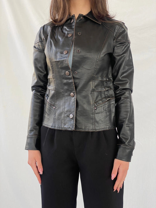 Vintage Distressed Black Structured Leather Clip Up Jacket - XS - Balagan Vintage Leather Jacket 90s, black leather, Christine, genuine leather, genuine leather jacket, leather jacket, winter