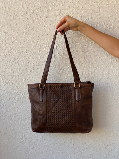 Vintage Distressed Brown Genuine Indian Woven Leather Tote Shoulder Bag - Balagan Vintage Shoulder Bag 00s, 90s, bag, genuine leather, shoulder bag, summer, Y2K