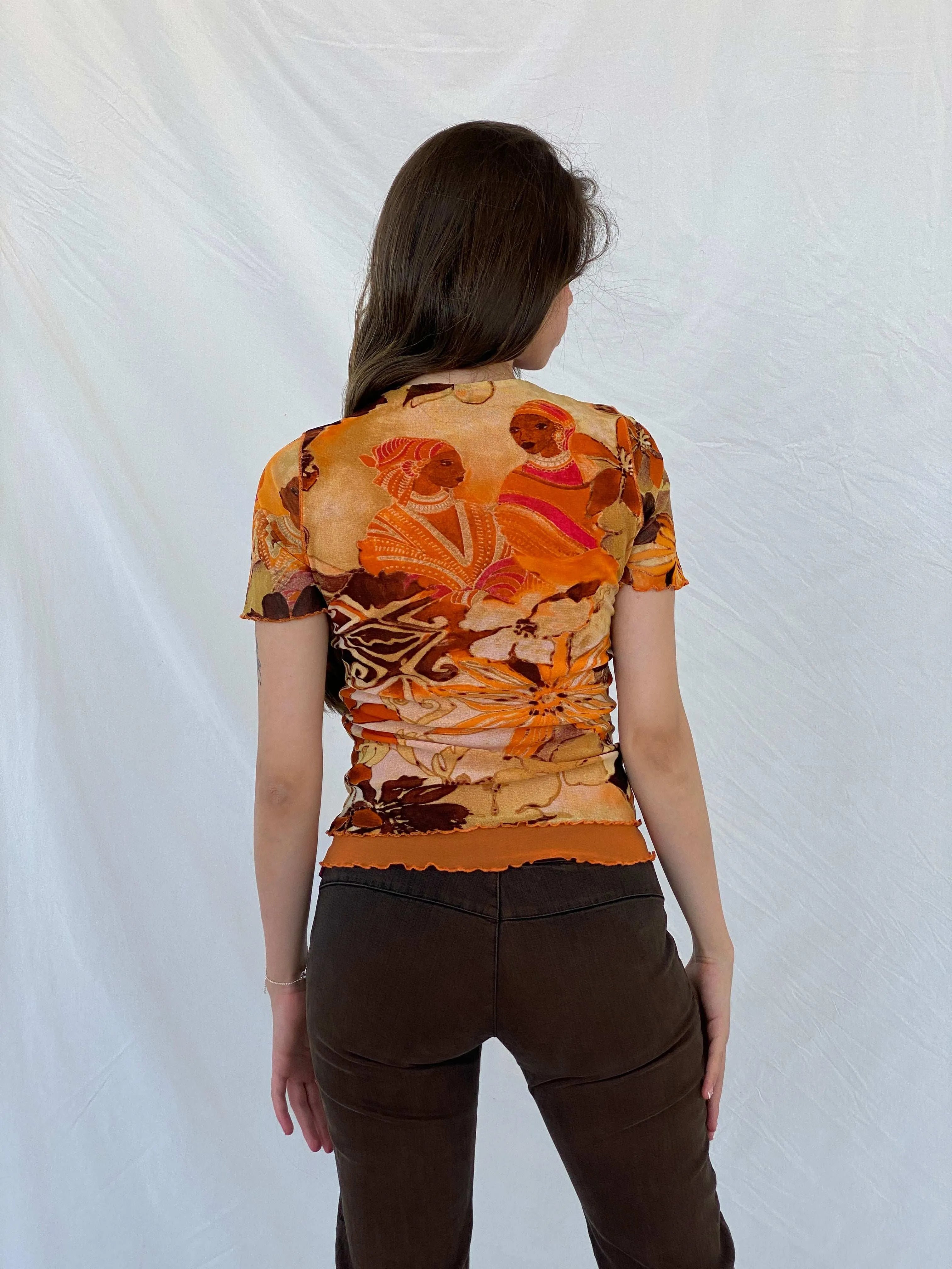 Vintage Donna LT Tricot Orange Graphic Mesh Top - M/L - Balagan Vintage Half Sleeve Top 00s, 90s, mesh top, Mira