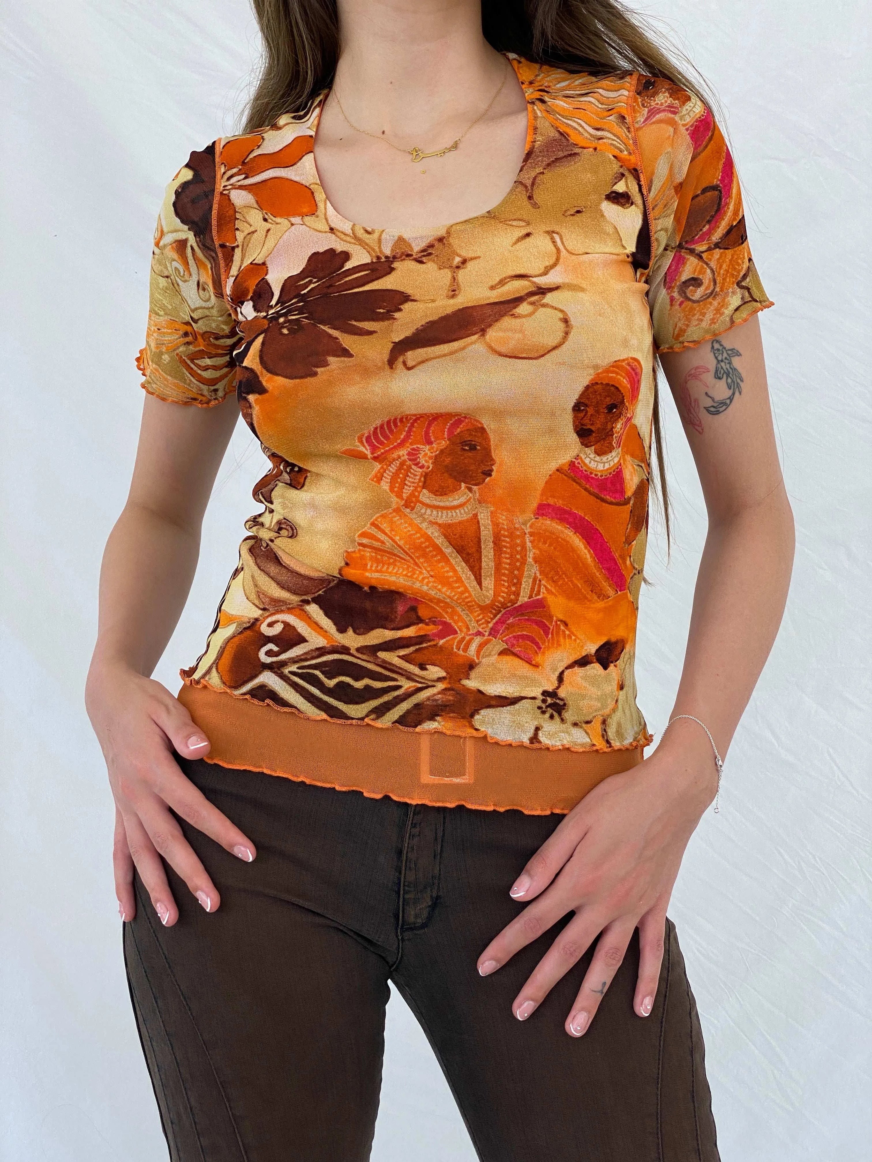 Vintage Donna LT Tricot Orange Graphic Mesh Top - M/L - Balagan Vintage Half Sleeve Top 00s, 90s, mesh top, Mira