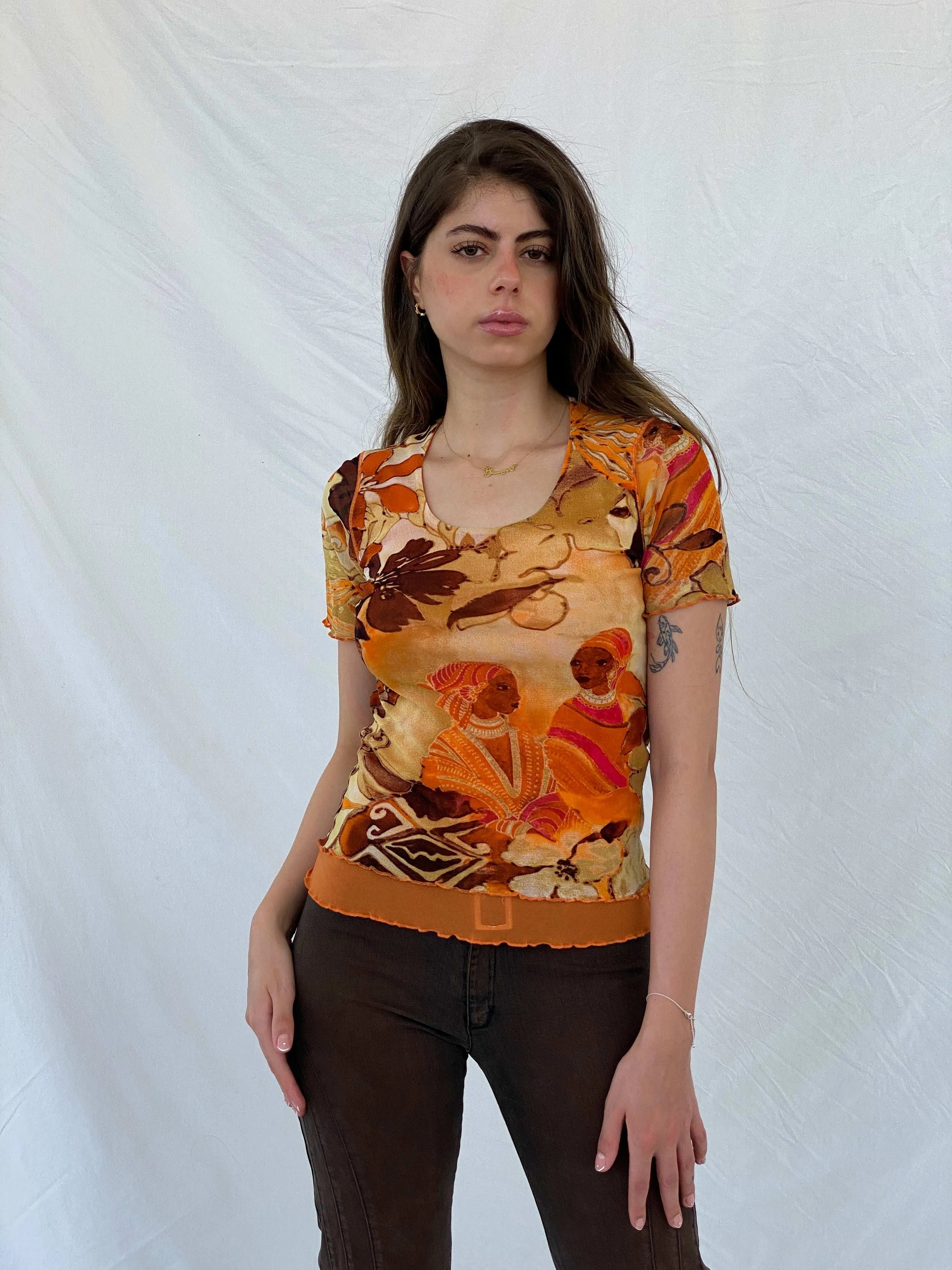 Vintage Donna LT Tricot Orange Graphic Mesh Top - M/L - Balagan Vintage Half Sleeve Top 00s, 90s, mesh top, Mira