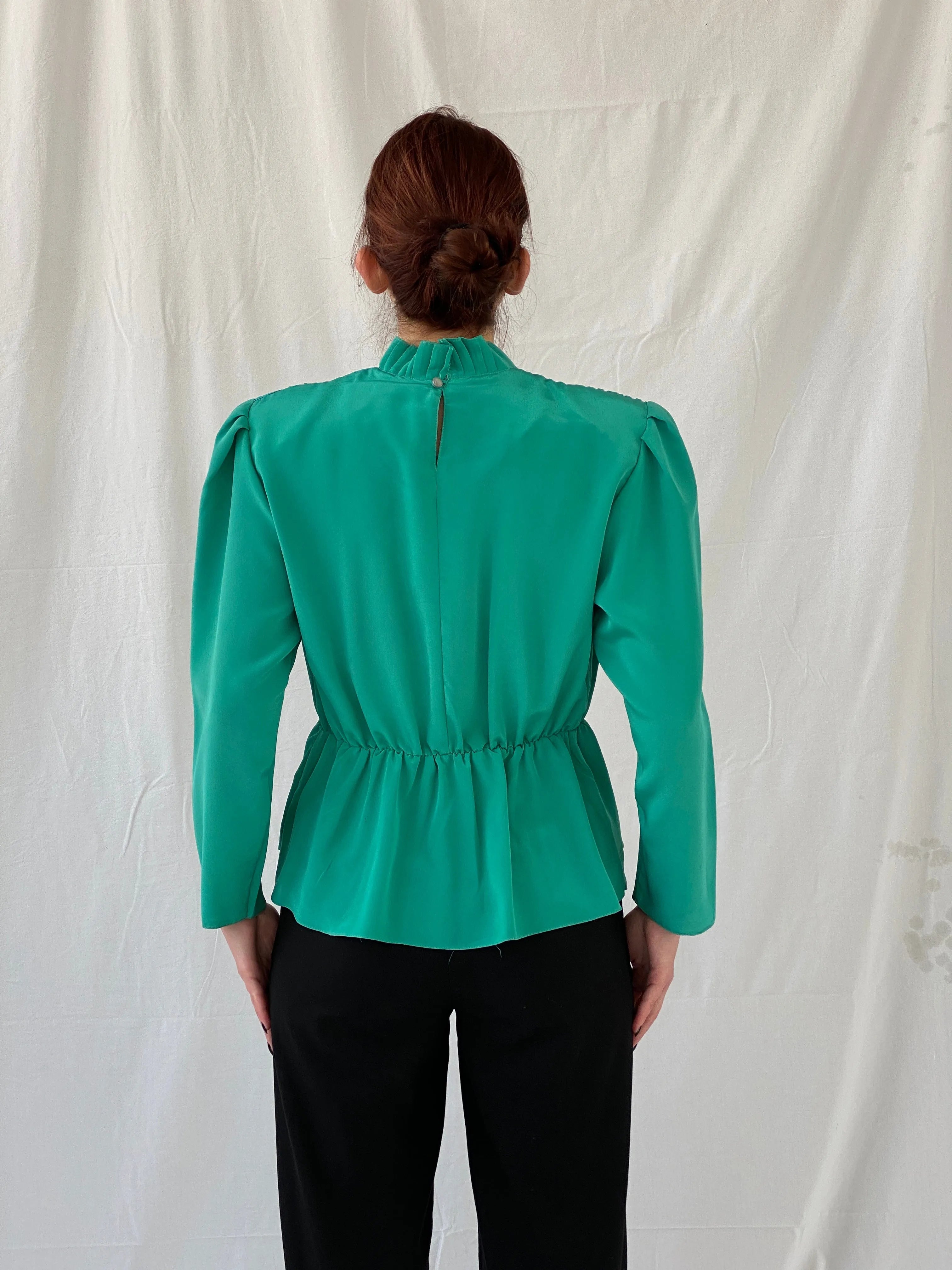 Vintage Doruk Green Embellished Padded Shoulders Long Sleeve Satin Blouse - L - Balagan Vintage Full sleeve Shirt 00s, Ayah, full sleeve shirt, shirt, women shirt