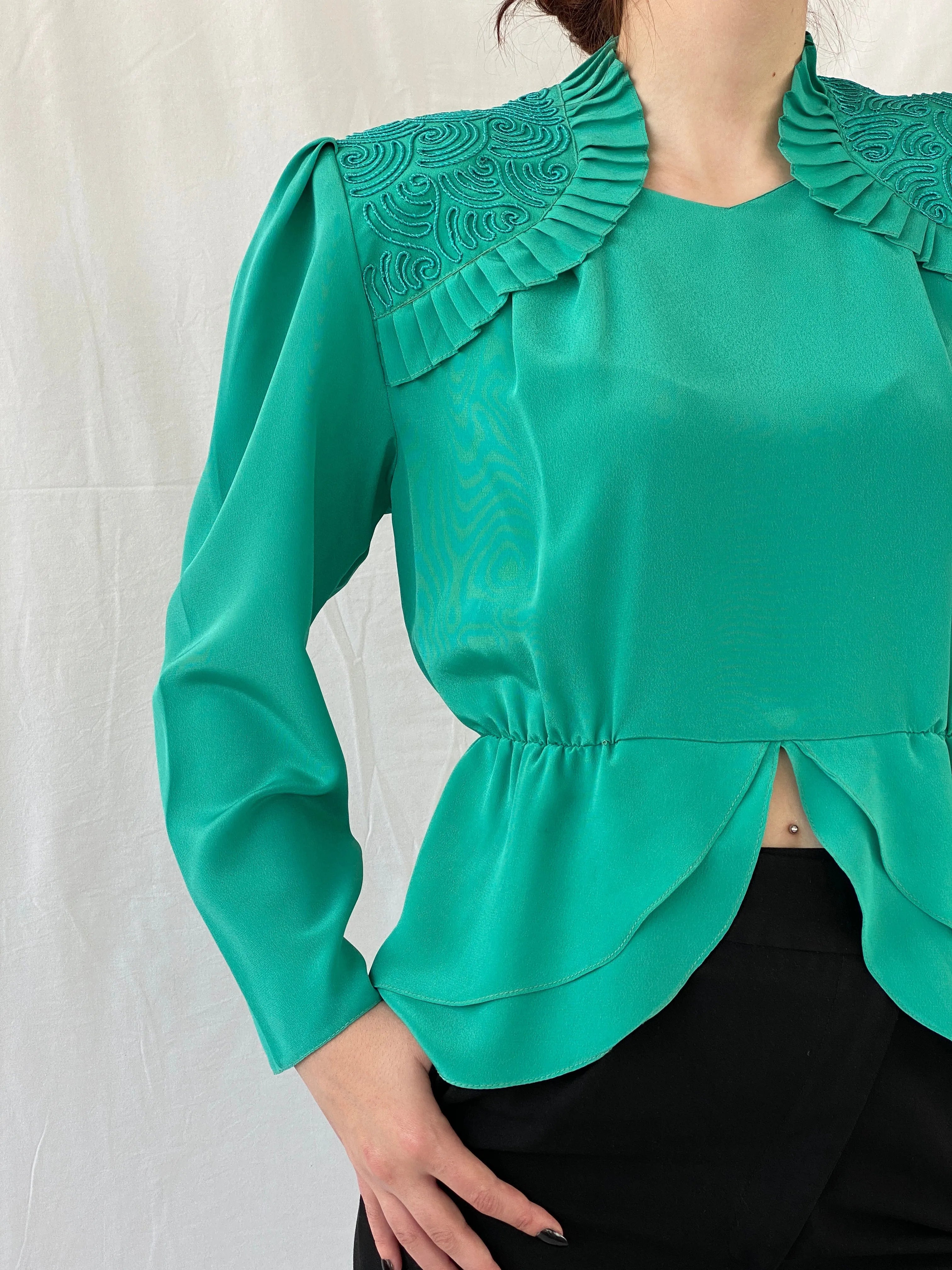 Vintage Doruk Green Embellished Padded Shoulders Long Sleeve Satin Blouse - L - Balagan Vintage Full sleeve Shirt 00s, Ayah, full sleeve shirt, shirt, women shirt