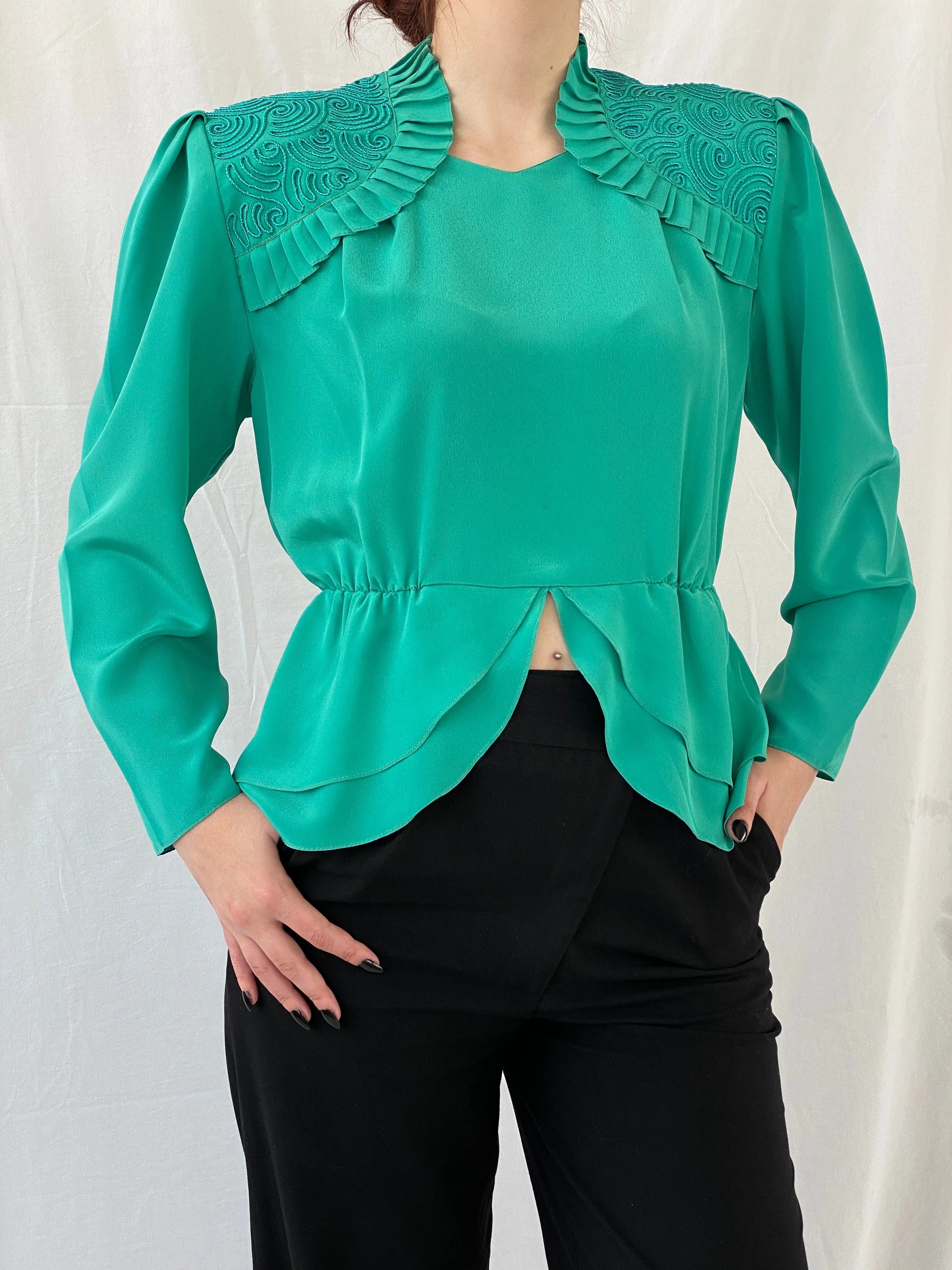 Vintage Doruk Green Embellished Padded Shoulders Long Sleeve Satin Blouse - L - Balagan Vintage Full sleeve Shirt 00s, Ayah, full sleeve shirt, shirt, women shirt