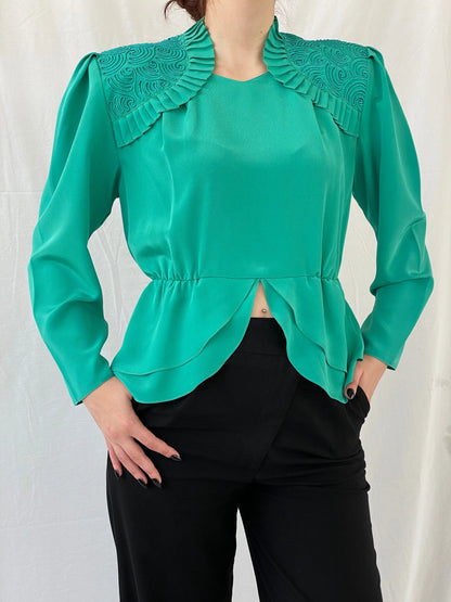 Vintage Doruk Green Embellished Padded Shoulders Long Sleeve Satin Blouse - L - Balagan Vintage Full sleeve Shirt 00s, Ayah, full sleeve shirt, shirt, women shirt