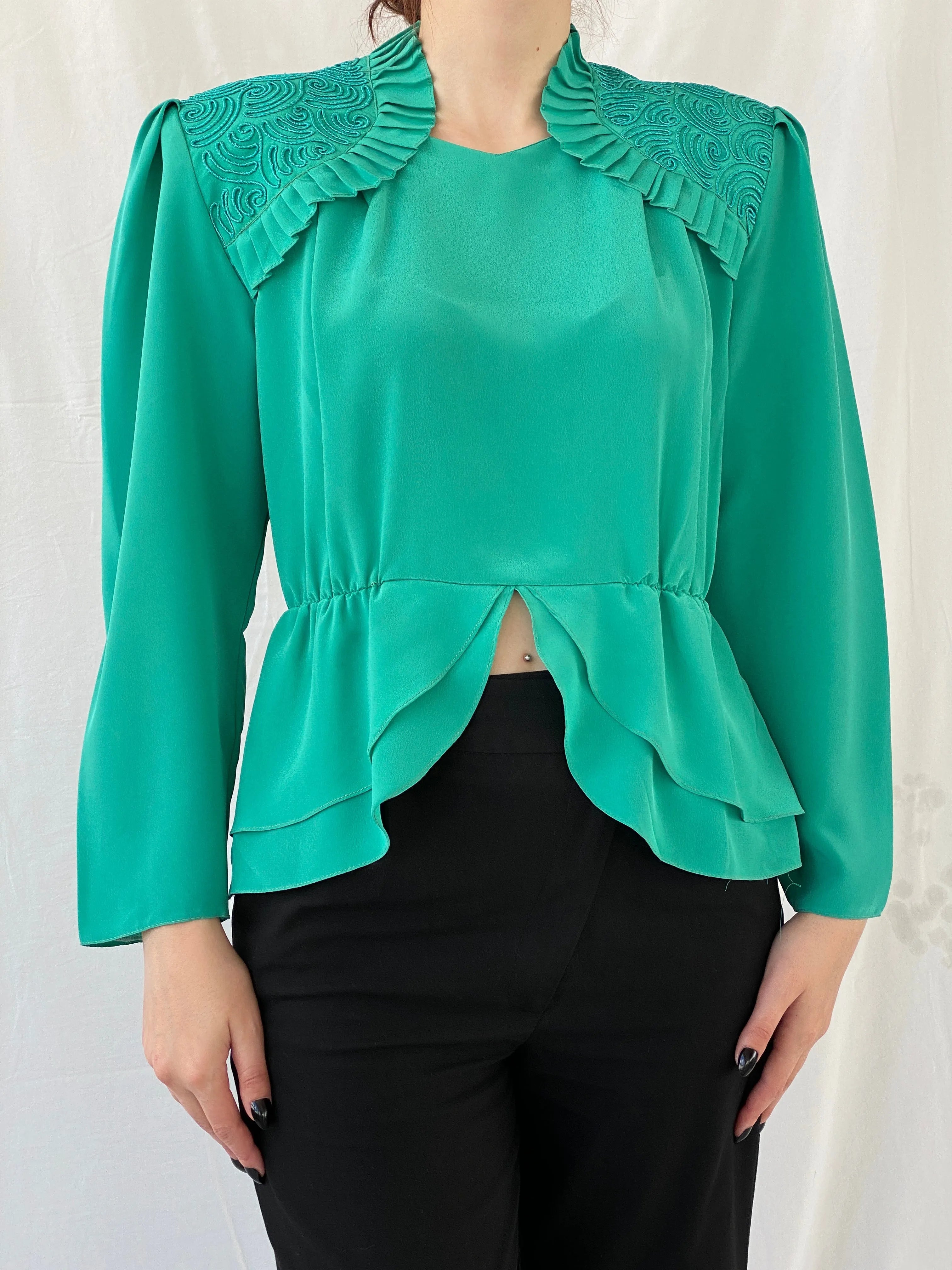 Vintage Doruk Green Embellished Padded Shoulders Long Sleeve Satin Blouse - L - Balagan Vintage Full sleeve Shirt 00s, Ayah, full sleeve shirt, shirt, women shirt