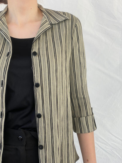 Vintage Dressbarn Women’s Black and Beige Striped Shirt with an Attached Blouse - M - Balagan Vintage Full sleeve Shirt 00s, Ayah, mesh, shirt, Top, women shirt, women top