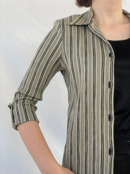 Vintage Dressbarn Women’s Black and Beige Striped Shirt with an Attached Blouse - M - Balagan Vintage Full sleeve Shirt 00s, Ayah, mesh, shirt, Top, women shirt, women top