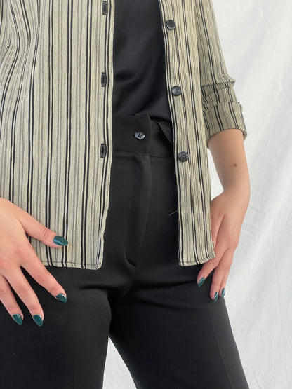 Vintage Dressbarn Women’s Black and Beige Striped Shirt with an Attached Blouse - M - Balagan Vintage Full sleeve Shirt 00s, Ayah, mesh, shirt, Top, women shirt, women top