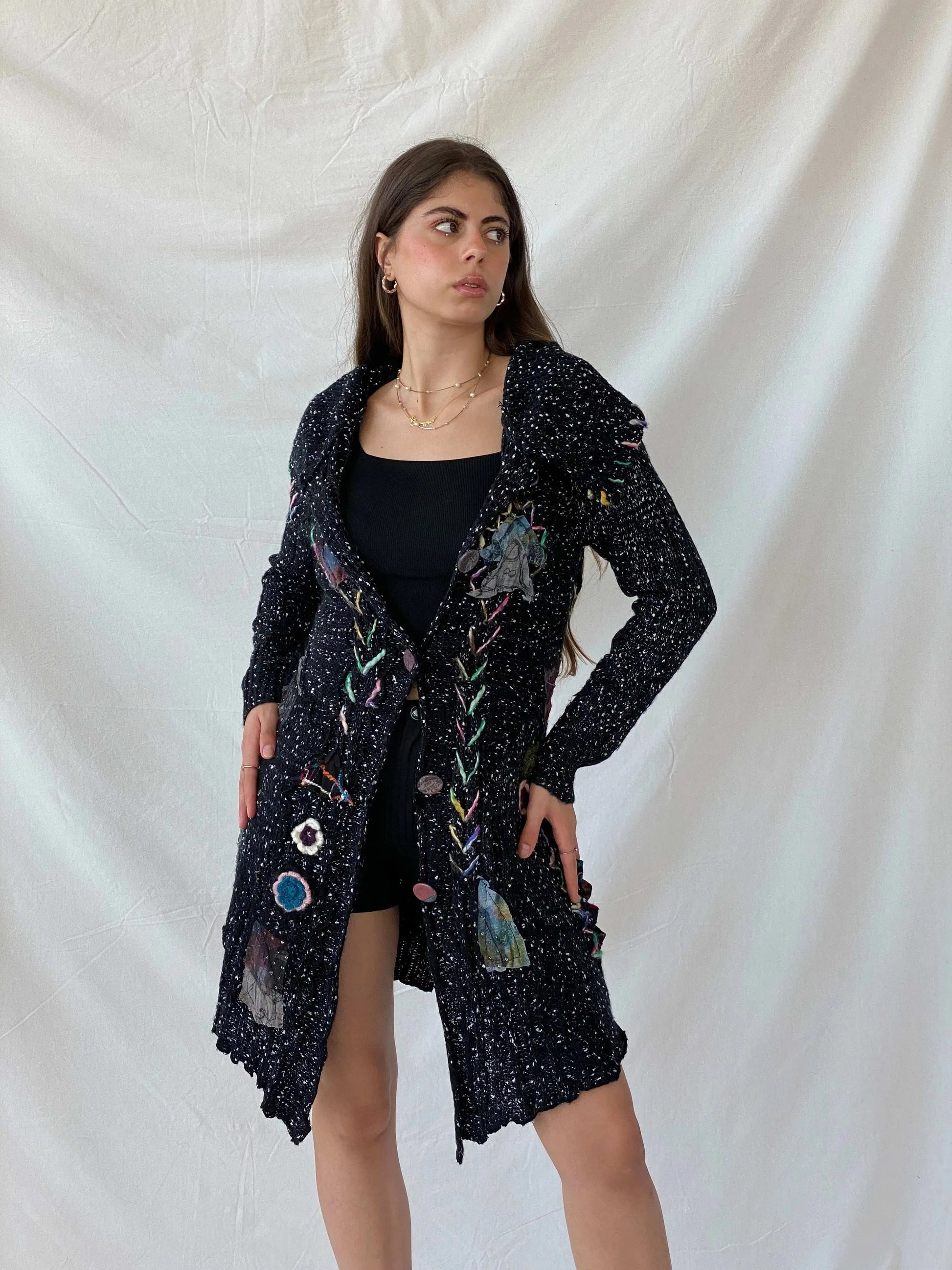 Vintage Ecam Whimsygoth Black Wool Long Gilet Cardigan - M - Balagan Vintage Cardigan 90s, cardigan, formal, knitted cardigan, Mira, patchwork, patchwork jacket, velvet, winter, wool vest