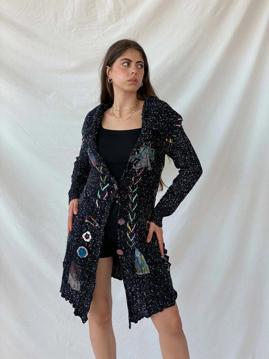 Vintage Ecam Whimsygoth Black Wool Long Gilet Cardigan - M - Balagan Vintage Cardigan 90s, cardigan, formal, knitted cardigan, Mira, patchwork, patchwork jacket, velvet, winter, wool vest