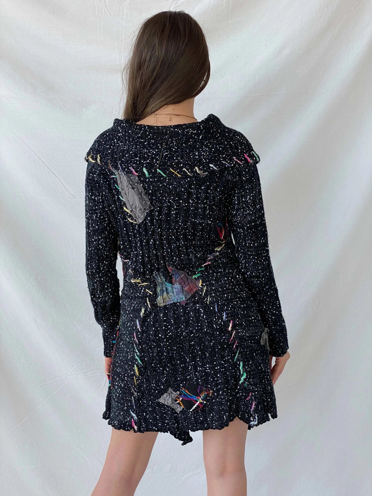 Vintage Ecam Whimsygoth Black Wool Long Gilet Cardigan - M - Balagan Vintage Cardigan 90s, cardigan, formal, knitted cardigan, Mira, patchwork, patchwork jacket, velvet, winter, wool vest