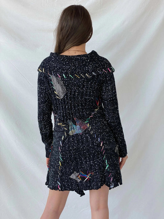 Vintage Ecam Whimsygoth Black Wool Long Gilet Cardigan - M - Balagan Vintage Cardigan 90s, cardigan, formal, knitted cardigan, Mira, patchwork, patchwork jacket, velvet, winter, wool vest