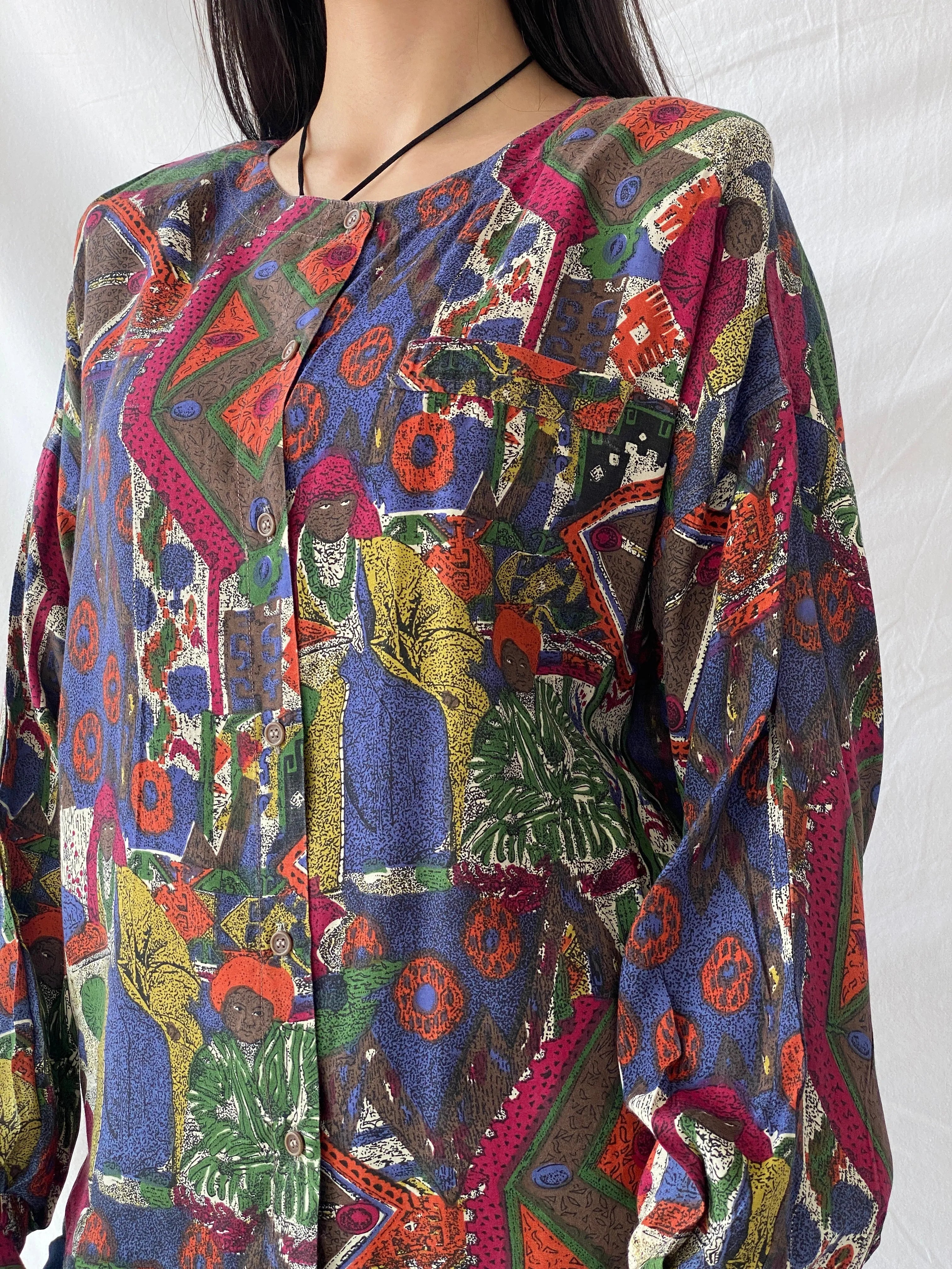 Vintage ECCO by C&A Tribal Afro Women’s Blouse Button Up Shirt - M - Balagan Vintage Full Sleeve Shirt 00s, cardigan, full sleeve top, printed shirt, Syntia, women shirt, women top