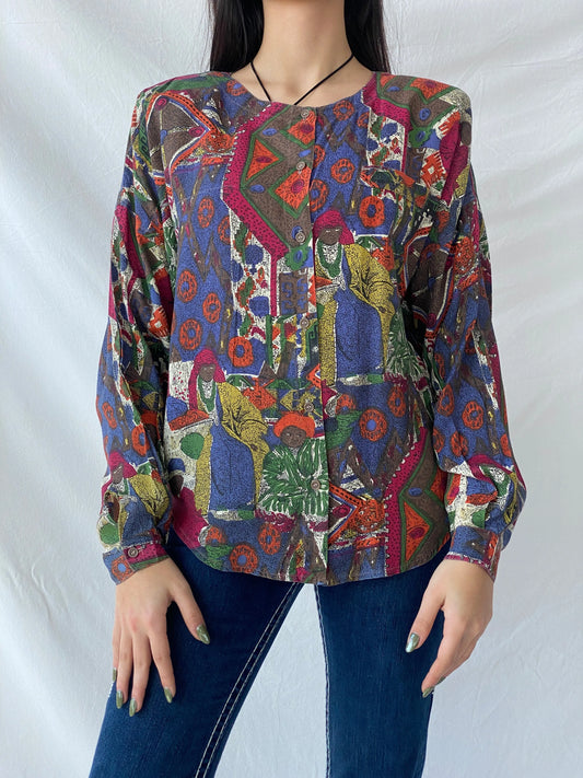 Vintage ECCO by C&A Tribal Afro Women’s Blouse Button Up Shirt - M - Balagan Vintage Full Sleeve Shirt 00s, cardigan, full sleeve top, printed shirt, Syntia, women shirt, women top