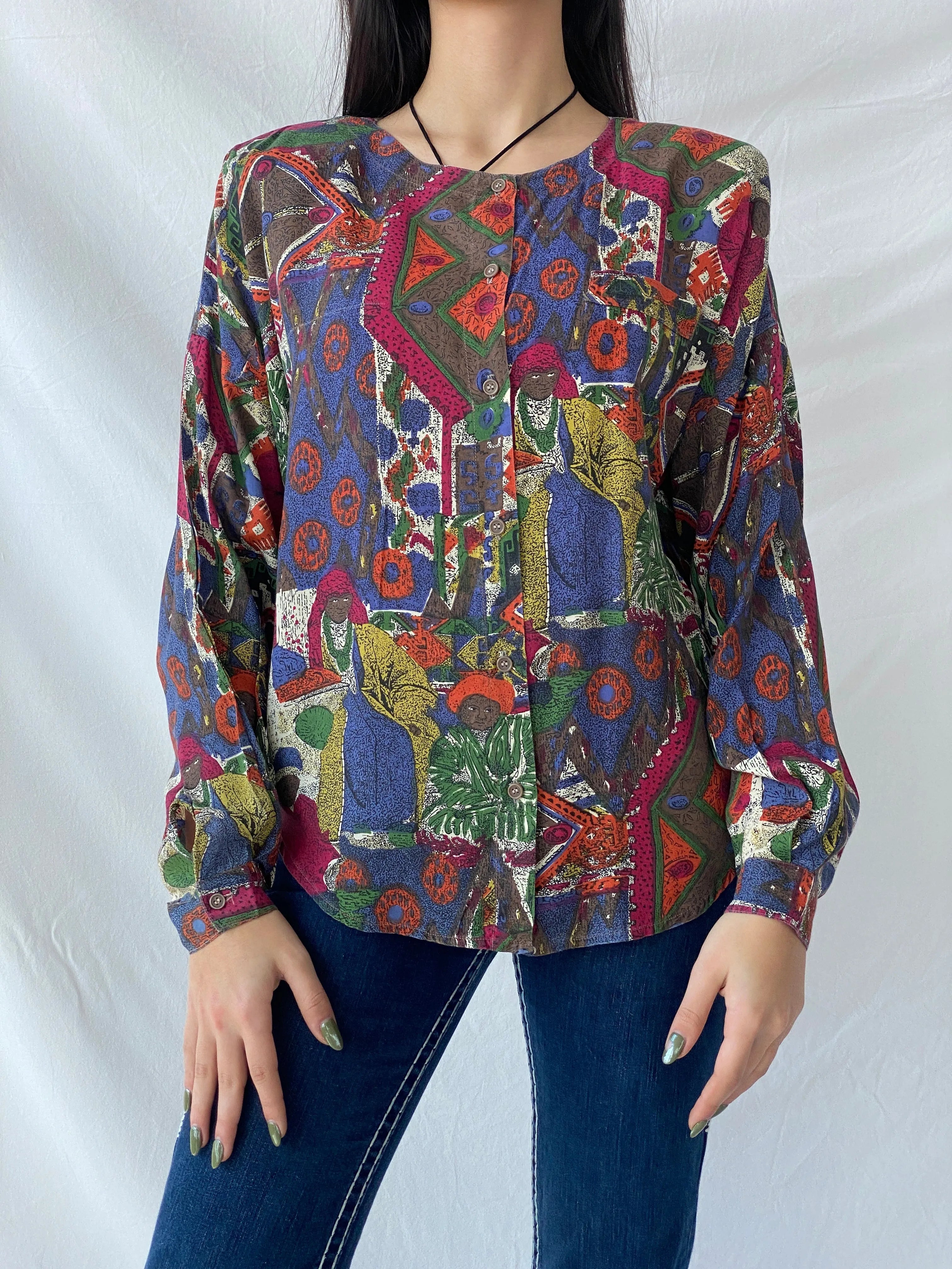 Vintage ECCO by C&A Tribal Afro Women’s Blouse Button Up Shirt - M - Balagan Vintage Full Sleeve Shirt 00s, cardigan, full sleeve top, NEW IN, printed shirt, Syntia, women shirt, women top