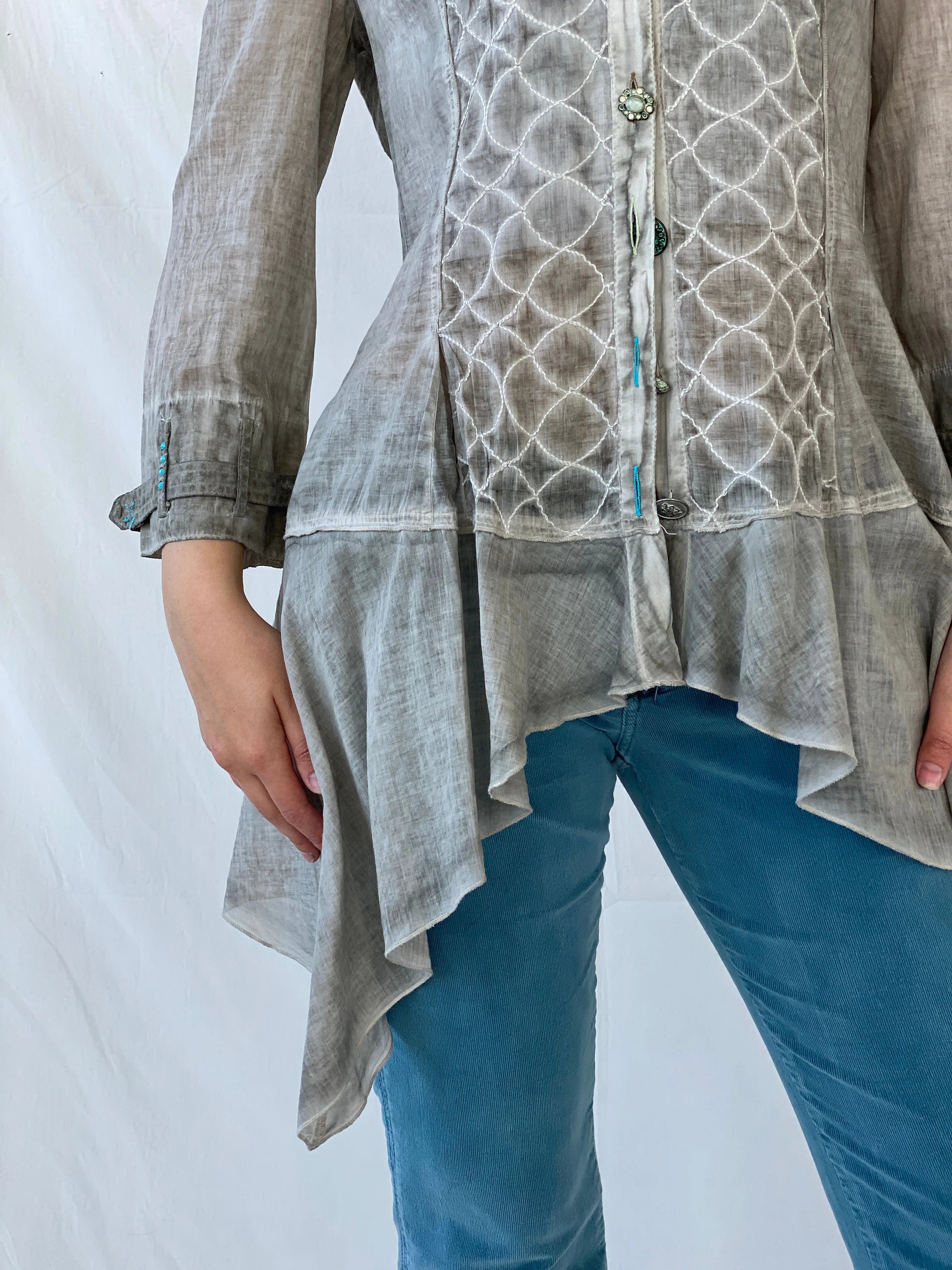 Vintage Elisa Cavaletti Designer Sheer Cotton Whimsygoth Gray Shirt - L - Balagan Vintage Full Sleeve Shirt Ayah, full sleeve shirt, sheer, sheer shirt
