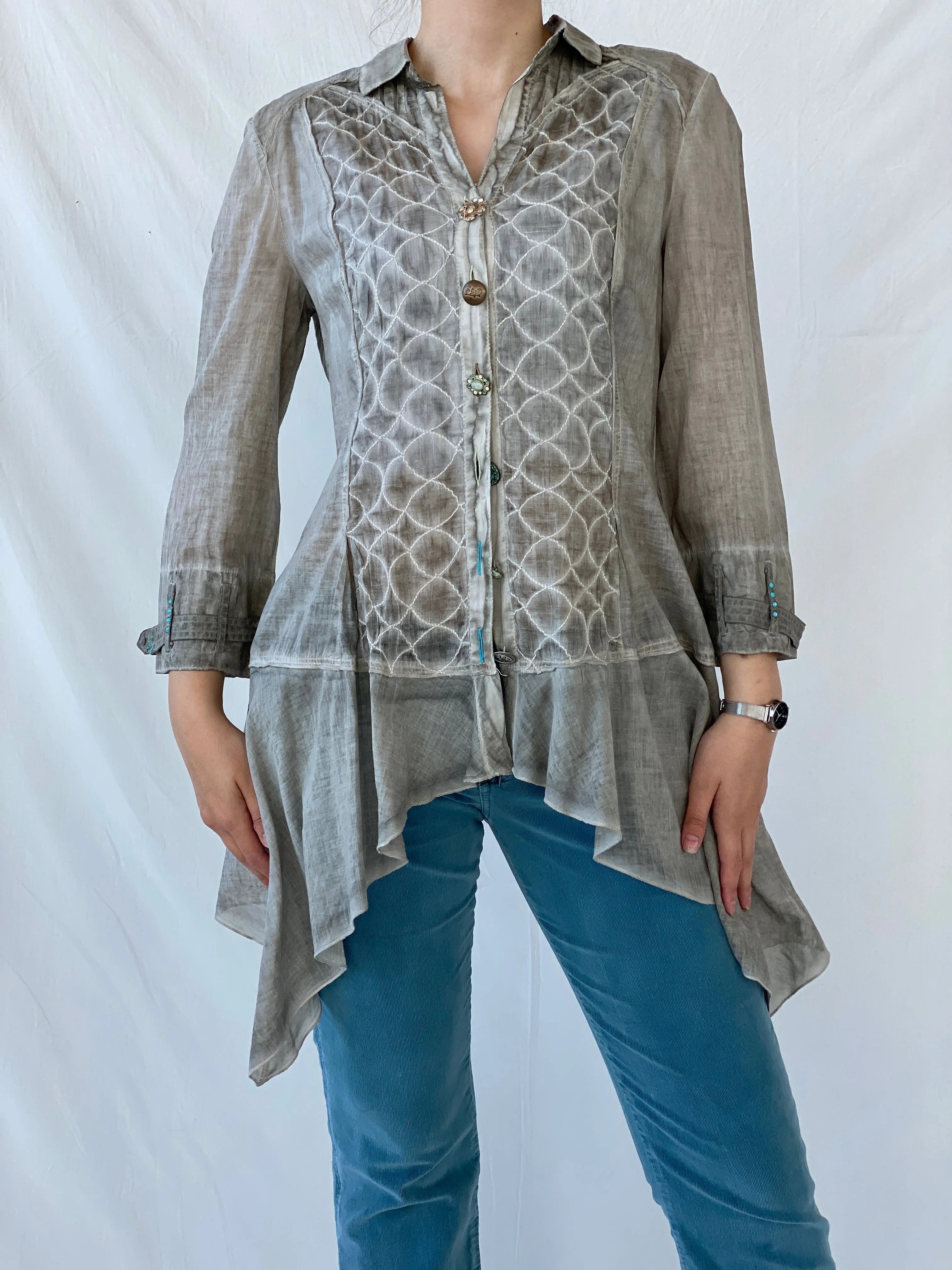 Vintage Elisa Cavaletti Designer Sheer Cotton Whimsygoth Gray Shirt - L - Balagan Vintage Full Sleeve Shirt Ayah, full sleeve shirt, sheer, sheer shirt