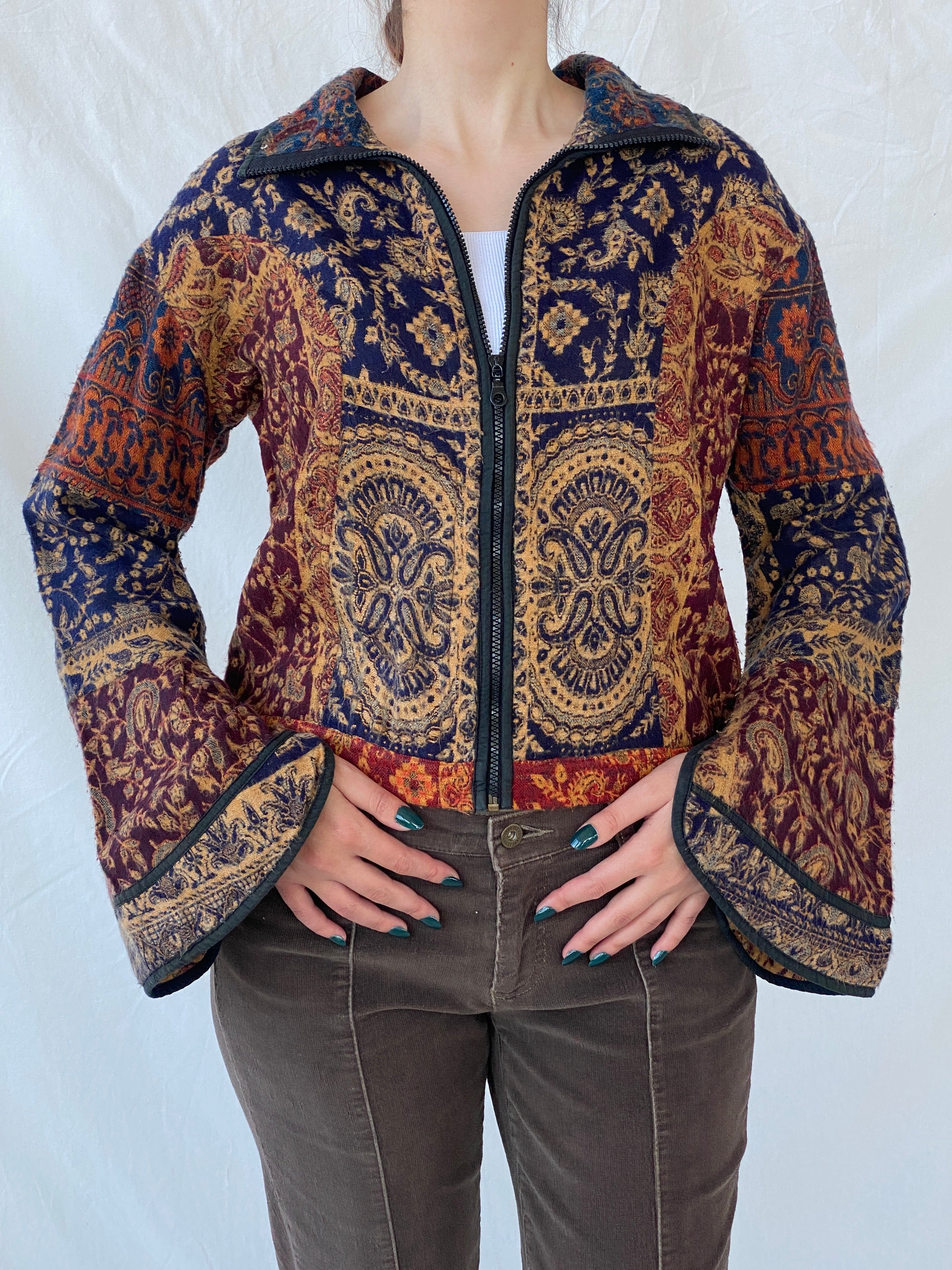 Vintage Embroidered Boho Print Women’s Wool Zip Up Cardigan Jacket - L - Balagan Vintage Jacket 90s, Ayah, Boho, jacket, NEW IN, vintage, vintage jacket, wool