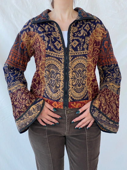 Vintage Embroidered Boho Print Women’s Wool Zip Up Cardigan Jacket - L - Balagan Vintage Jacket 90s, Ayah, Boho, jacket, vintage, vintage jacket, wool