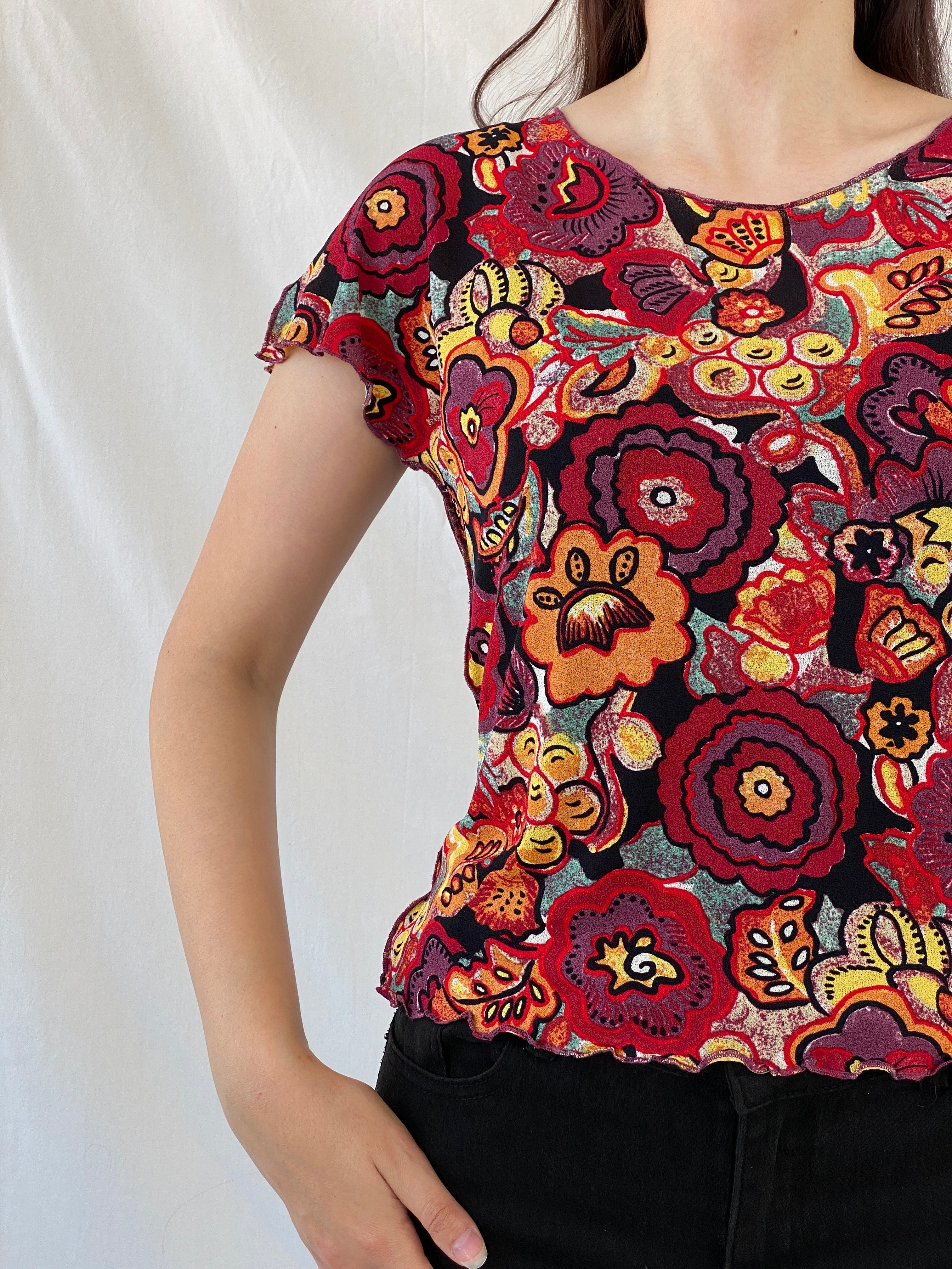 Vintage EMMA PERNELLE Groovy Floral Multicolor Mesh Top - XL - Balagan Vintage Half Sleeve Top 00s, Ayah, beaded, NEW IN, summer, women top