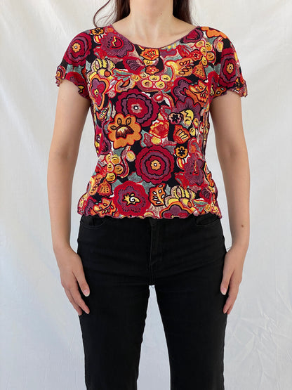 Vintage EMMA PERNELLE Groovy Floral Multicolor Mesh Top - XL - Balagan Vintage Half Sleeve Top 00s, Ayah, beaded, NEW IN, summer, women top