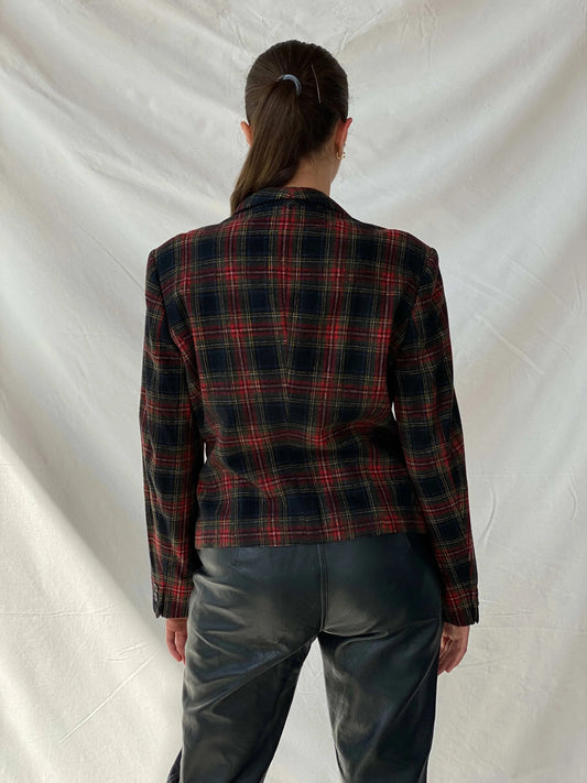Vintage Far Hills Red Wool Plaid Short Blazer - L - Balagan Vintage Blazer 00s, blazer, full sleeve blazer, Mira, plaid, plaid blazer