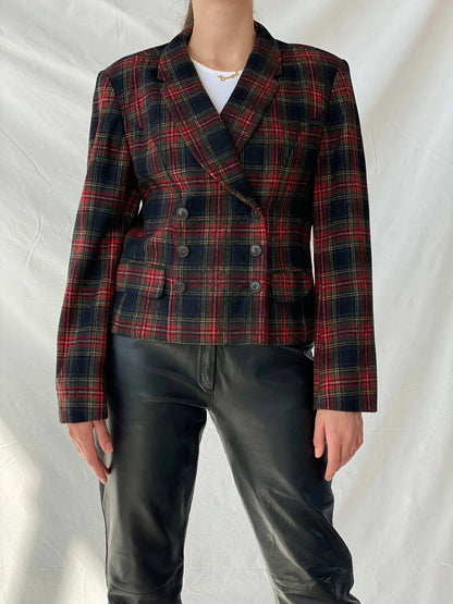 Vintage Far Hills Red Wool Plaid Short Blazer - L - Balagan Vintage Blazer 00s, blazer, full sleeve blazer, Mira, plaid, plaid blazer