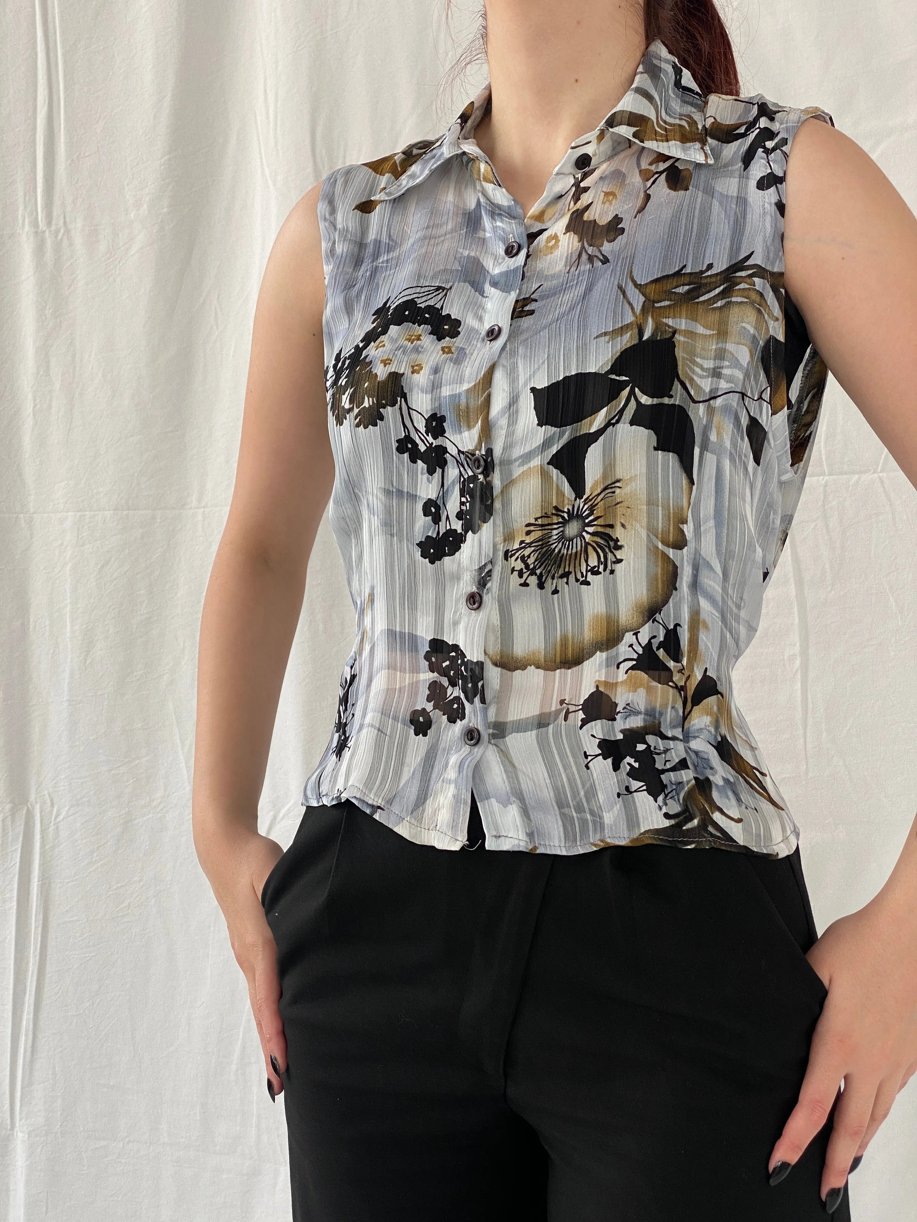 Vintage Fashionway Women’s Sheer Floral Sleeveless Buttoned Shirt - L - Balagan Vintage Sleeveless Top 00s, Ayah, floral, floral shirt, NEW IN, sheer, shirt, sleeveless top, women shirt