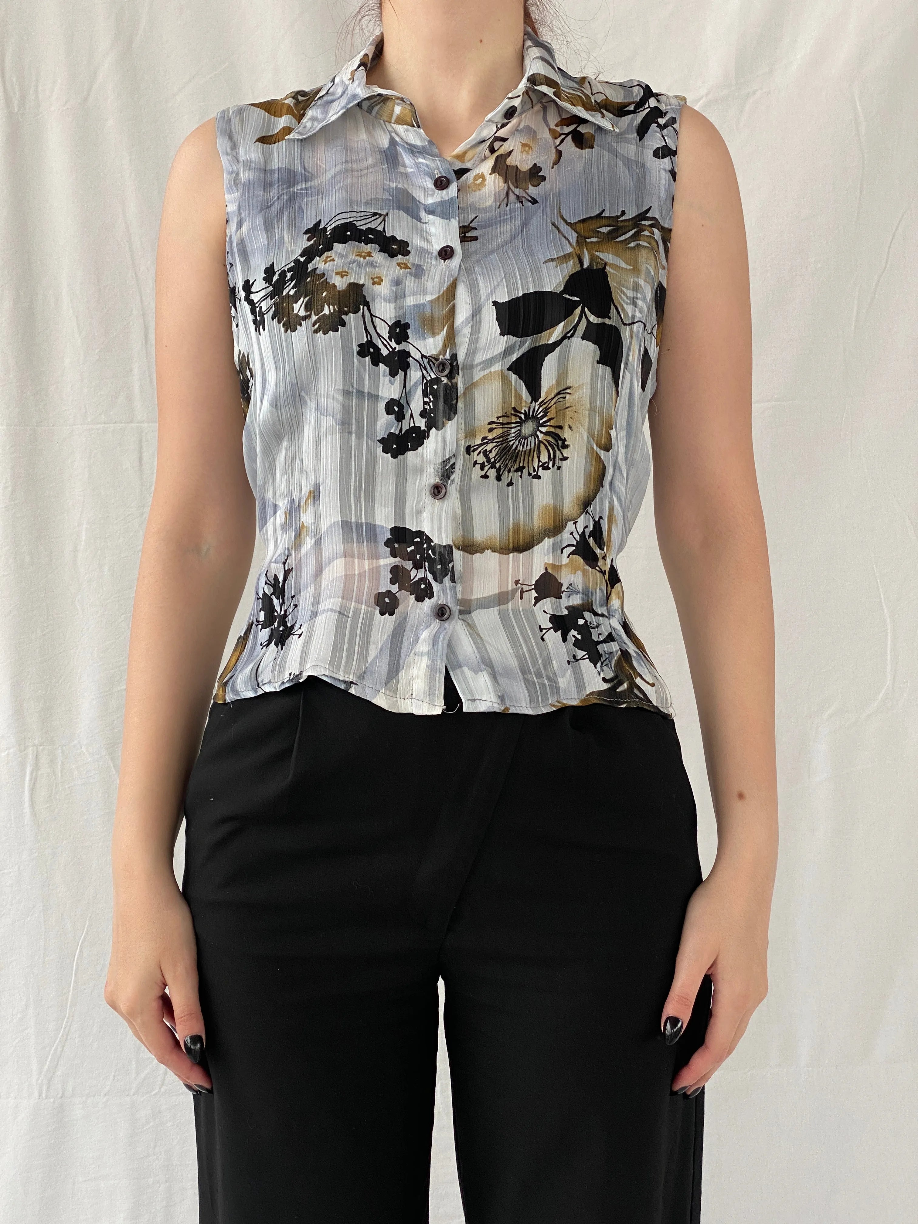 Vintage Fashionway Women’s Sheer Floral Sleeveless Buttoned Shirt - L - Balagan Vintage Sleeveless Top 00s, Ayah, floral, floral shirt, NEW IN, sheer, shirt, sleeveless top, women shirt