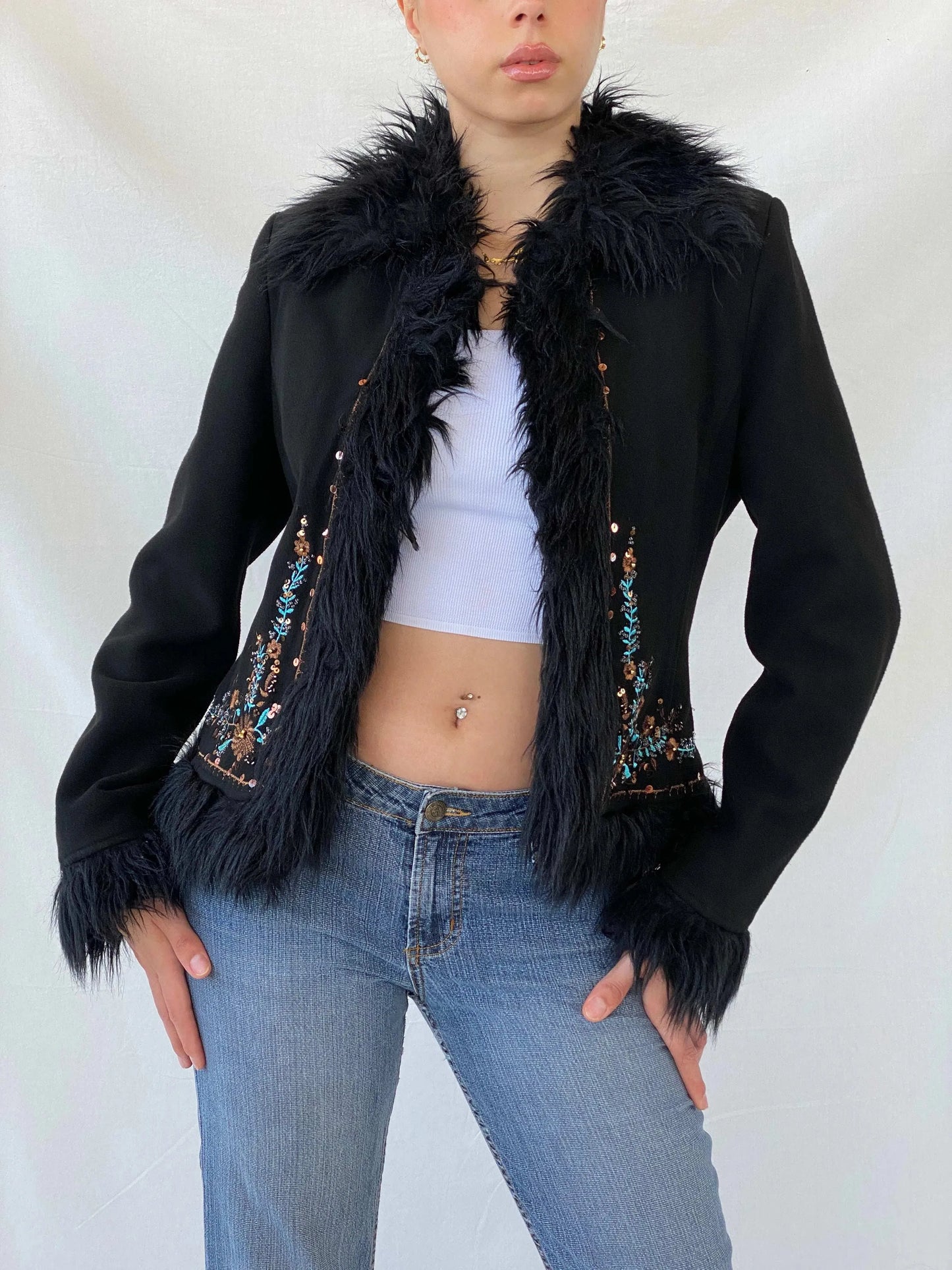 Vintage Favori Sequin Embroidered Faux Fur Afghan Black Jacket - M - Balagan Vintage Blazer 90s, Afghan style, floral embroidery, Mira, winter