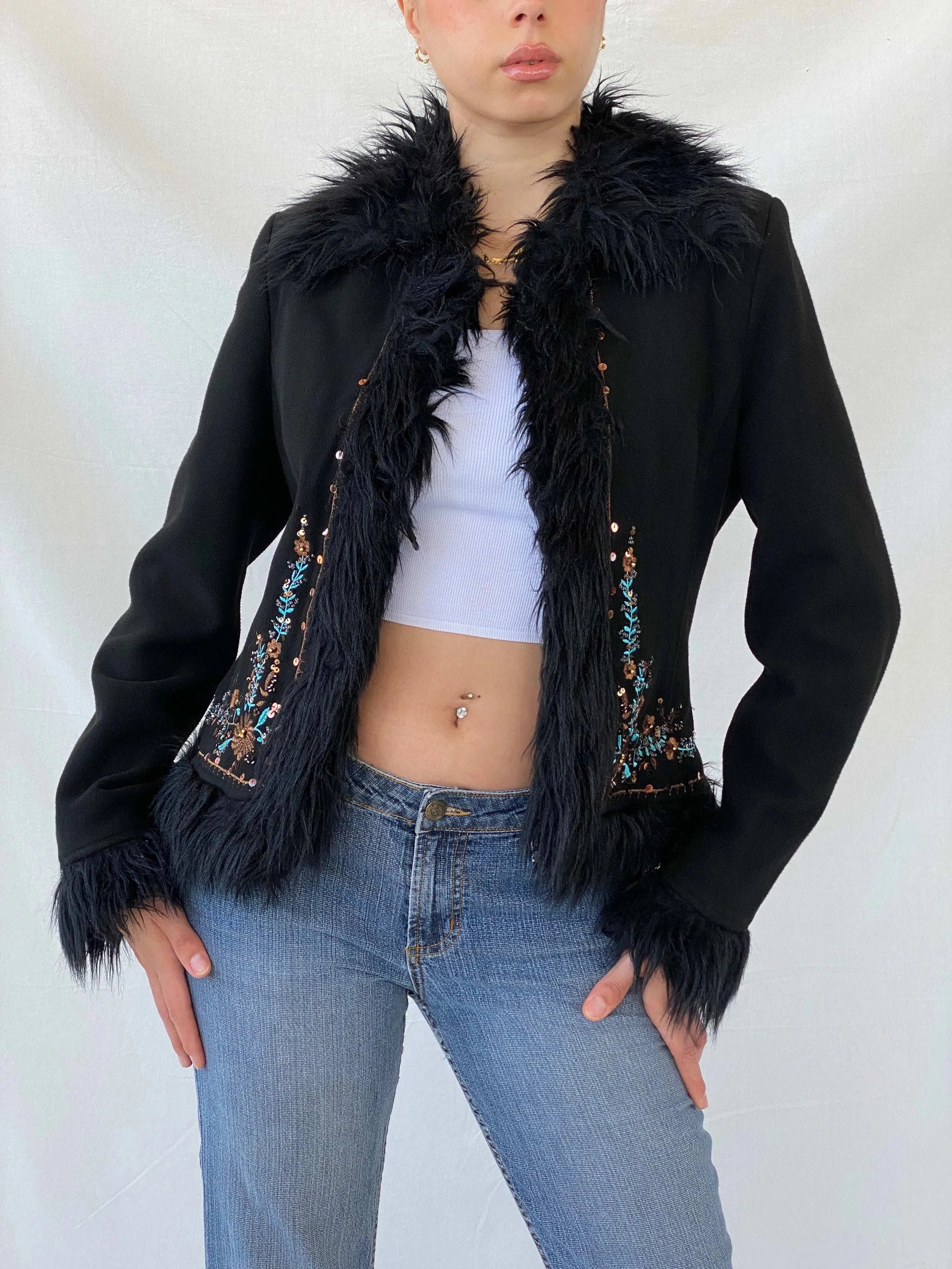 Vintage Favori Sequin Embroidered Faux Fur Afghan Black Jacket - M - Balagan Vintage Blazer 90s, Afghan style, floral embroidery, Mira, winter