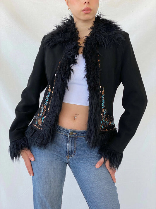 Vintage Favori Sequin Embroidered Faux Fur Afghan Black Jacket - M - Balagan Vintage Blazer 90s, Afghan style, floral embroidery, Mira, winter