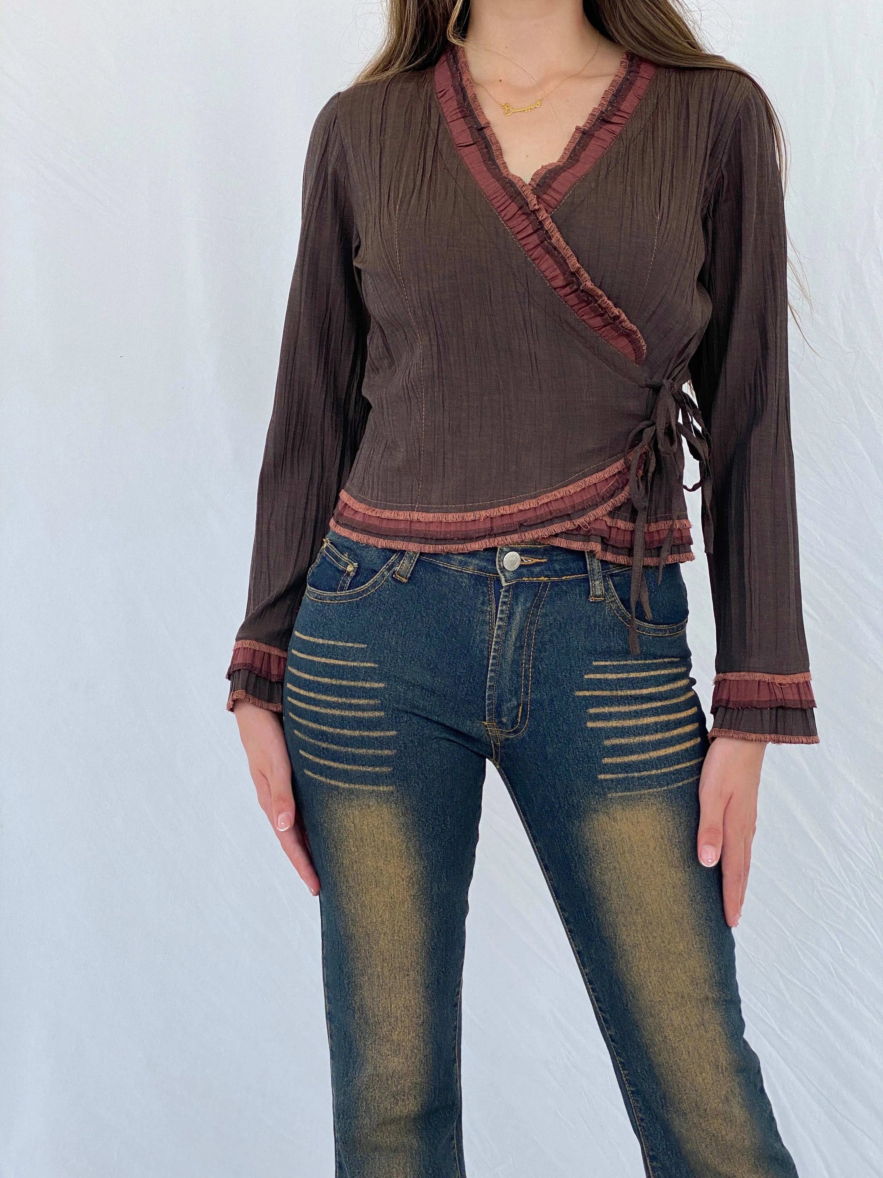Vintage Femmes Je Vous Aime Brown Wrap Top - M - Balagan Vintage Full sleeve Shirt 00s, 90s, full sleeve shirt, Mira, wrap top