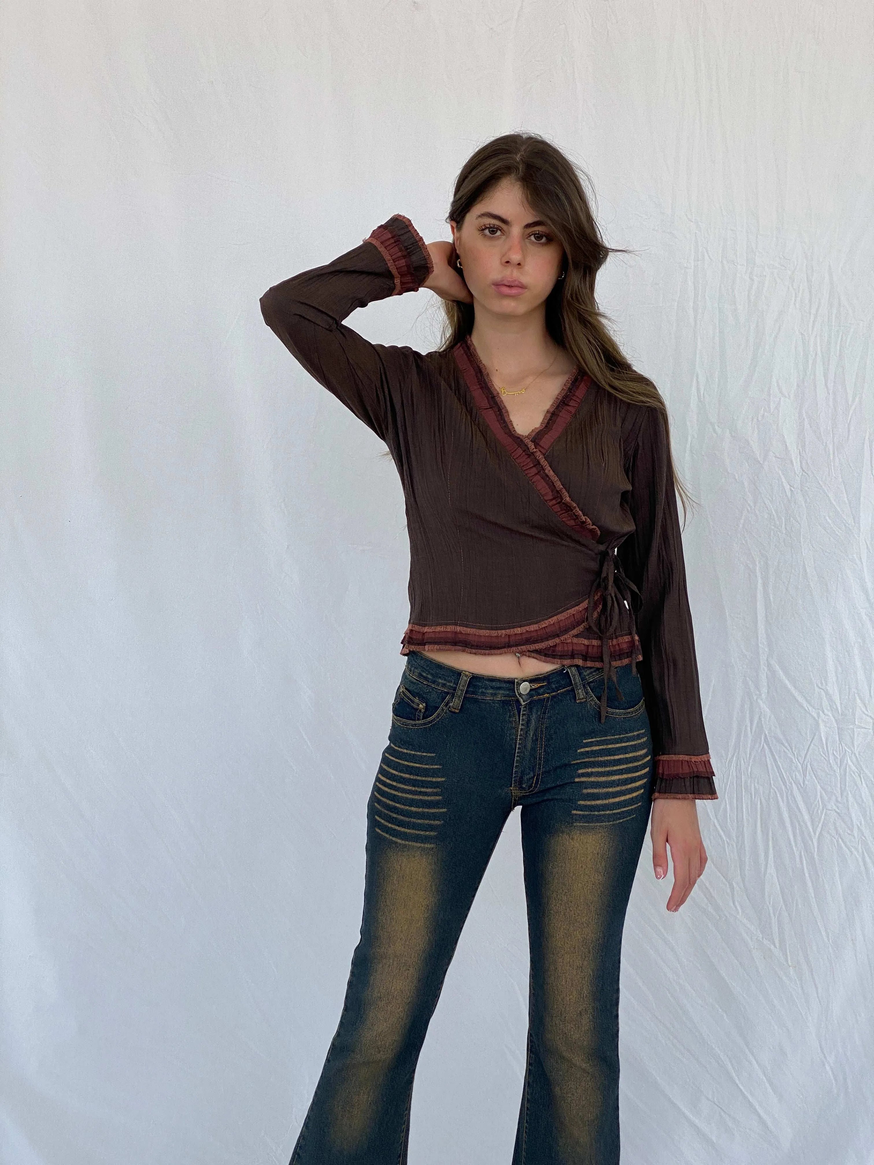 Vintage Femmes Je Vous Aime Brown Wrap Top - M - Balagan Vintage Full sleeve Shirt 00s, 90s, full sleeve shirt, Mira, wrap top