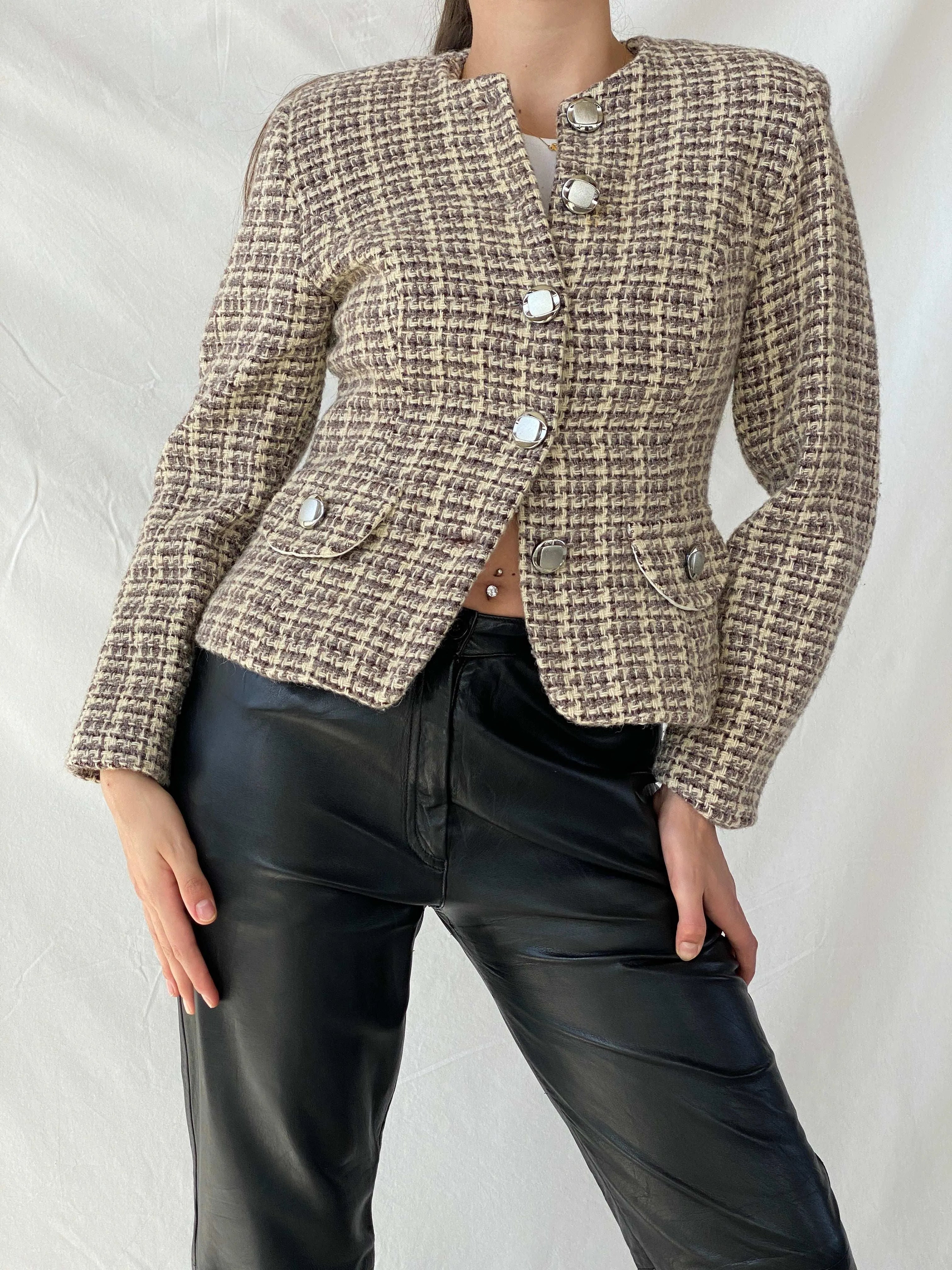 Vintage Finest Worsted Cream & Brown Tweed Blazer - M - Balagan Vintage Blazer 00s, blazer, full sleeve blazer, Mira, plaid, plaid blazer