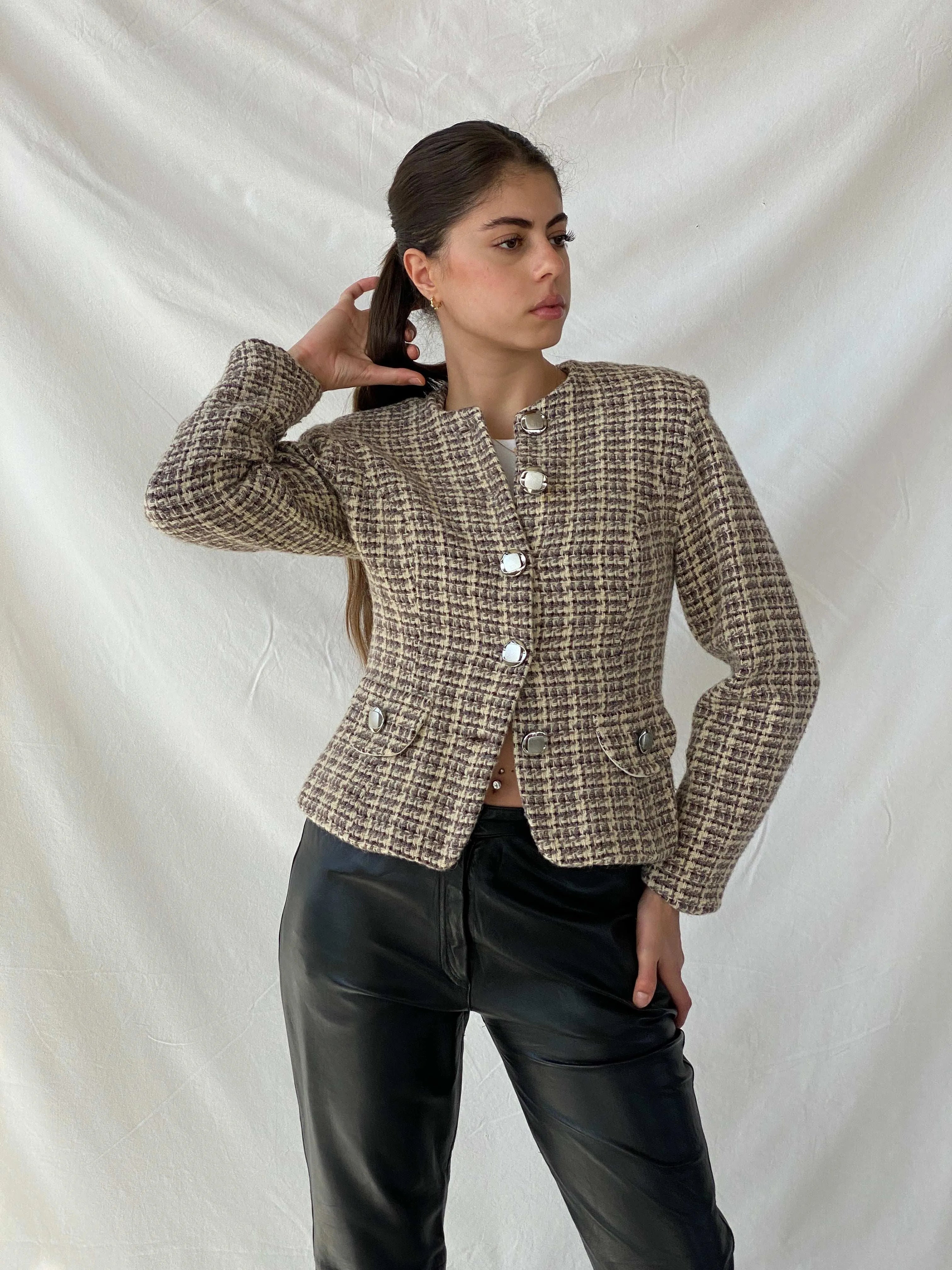 Vintage Finest Worsted Cream & Brown Tweed Blazer - M - Balagan Vintage Blazer 00s, blazer, full sleeve blazer, Mira, plaid, plaid blazer