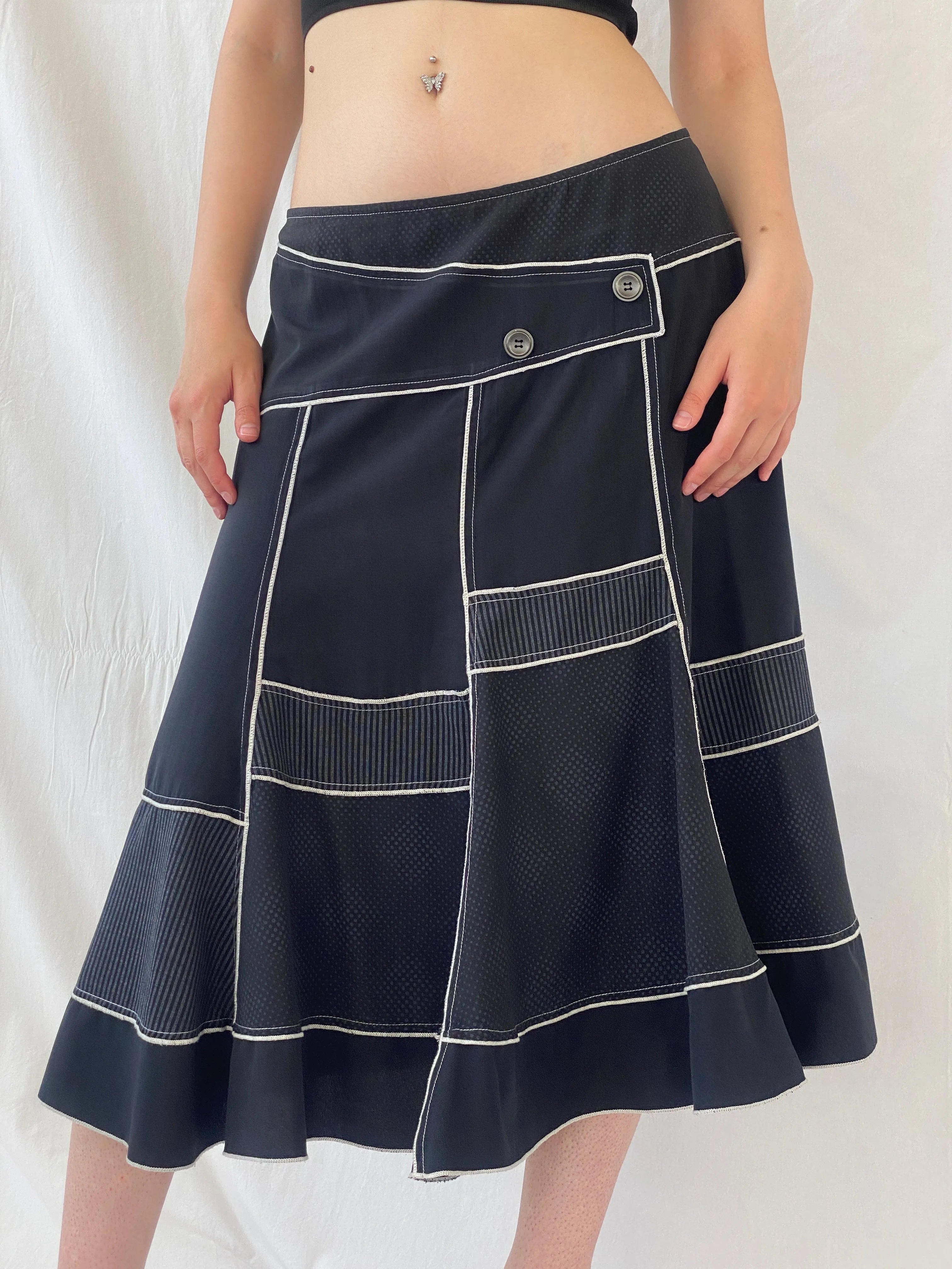 Vintage Fiorella Di Verdi Black Midi Whimsy Goth Patchwork Skirt - L - Balagan Vintage Midi Skirt Ayah, midi skirt, striped, women skirt