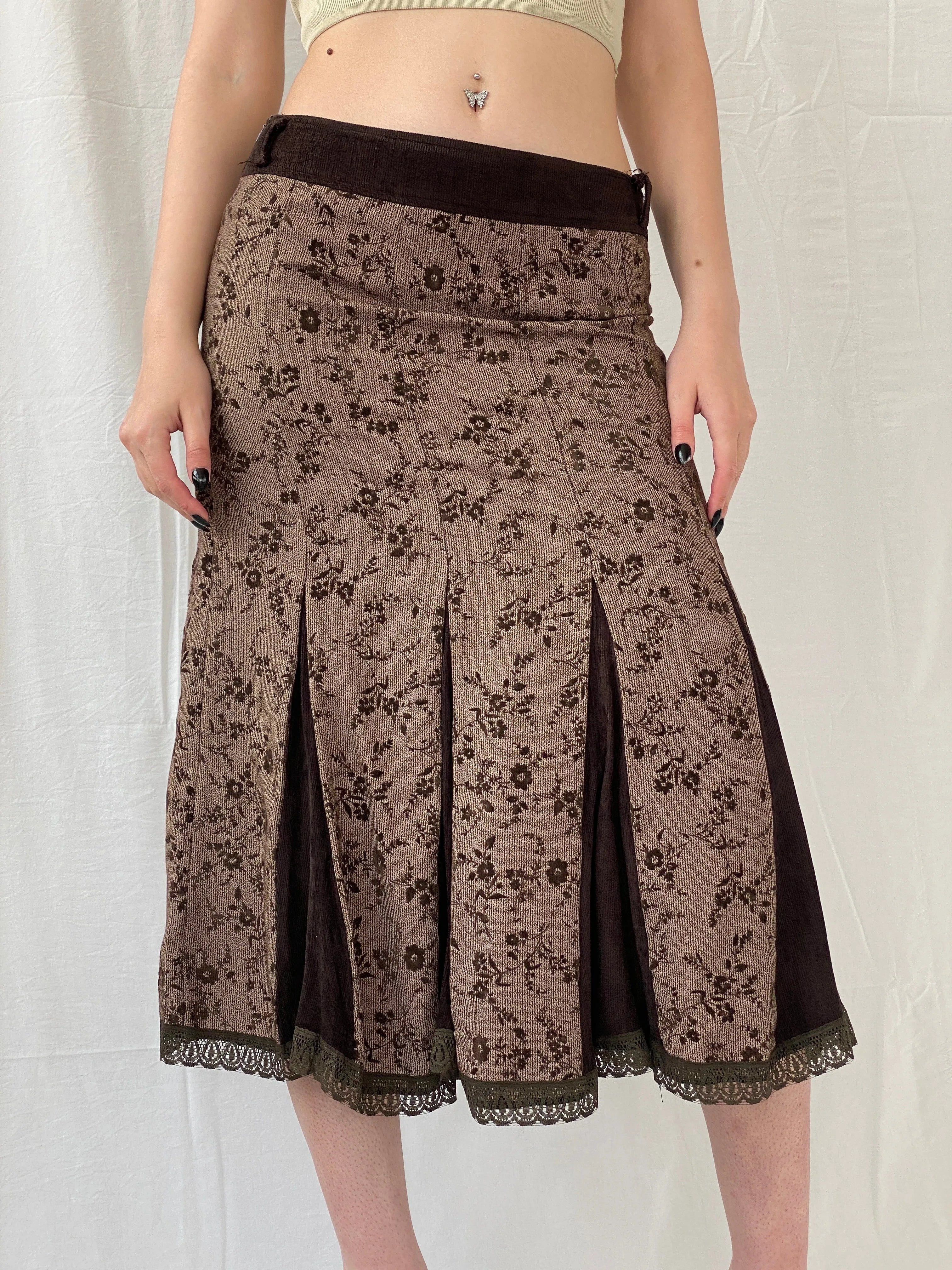 Vintage Floral Brown Lace Trim Pleated Corduroy Midi Skirt - M - Balagan Vintage Midi Skirt 00s, Ayah, floral, floral skirt, midi skirt, NEW IN, women skirt