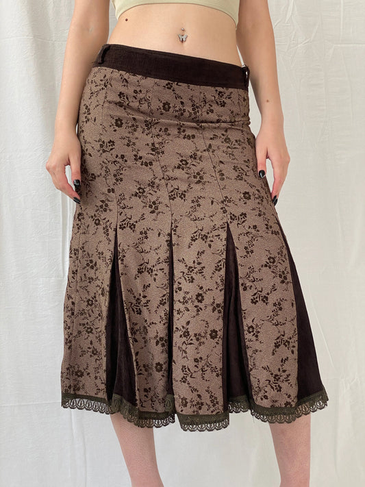 Vintage Floral Brown Lace Trim Pleated Corduroy Midi Skirt - M - Balagan Vintage Midi Skirt 00s, Ayah, floral, floral skirt, midi skirt, women skirt